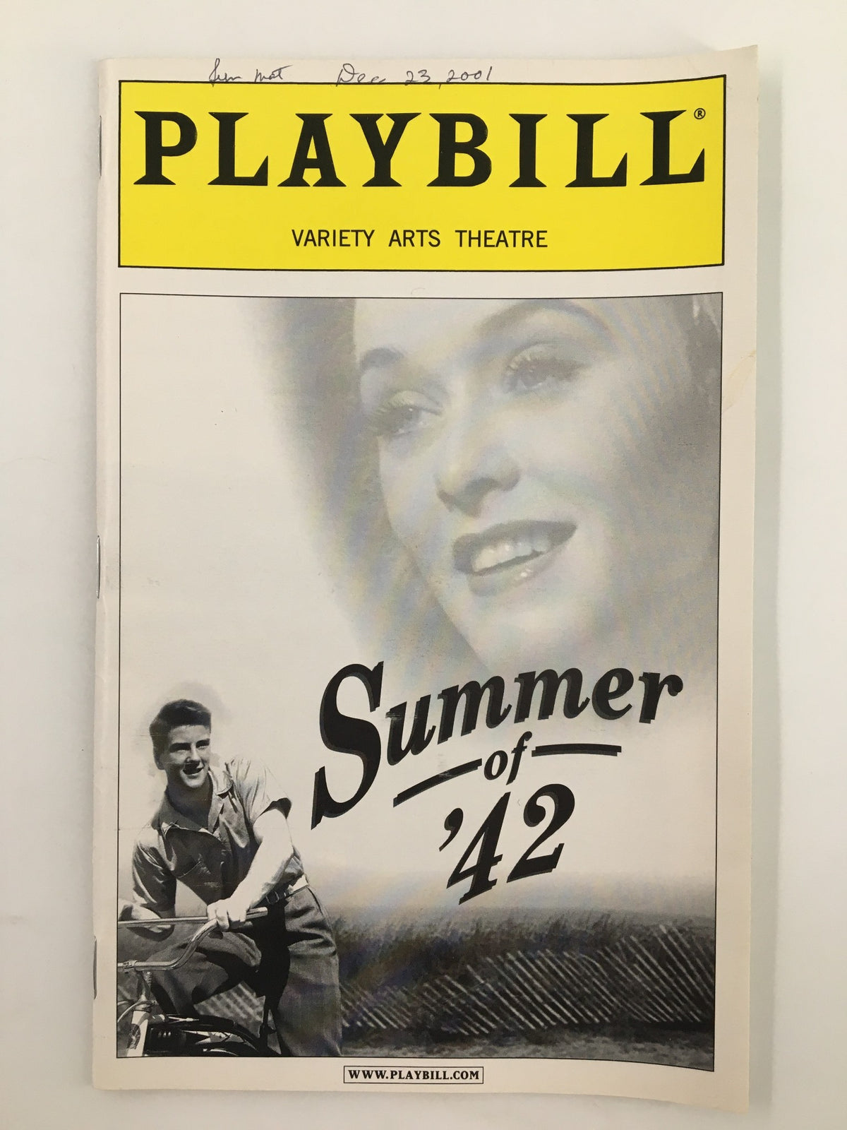 2001 Playbill from Variety Arts Theatre featuring Summer of '42, showcasing a vintage black and white cover with a smiling actress and a young man, perfect for collectors.