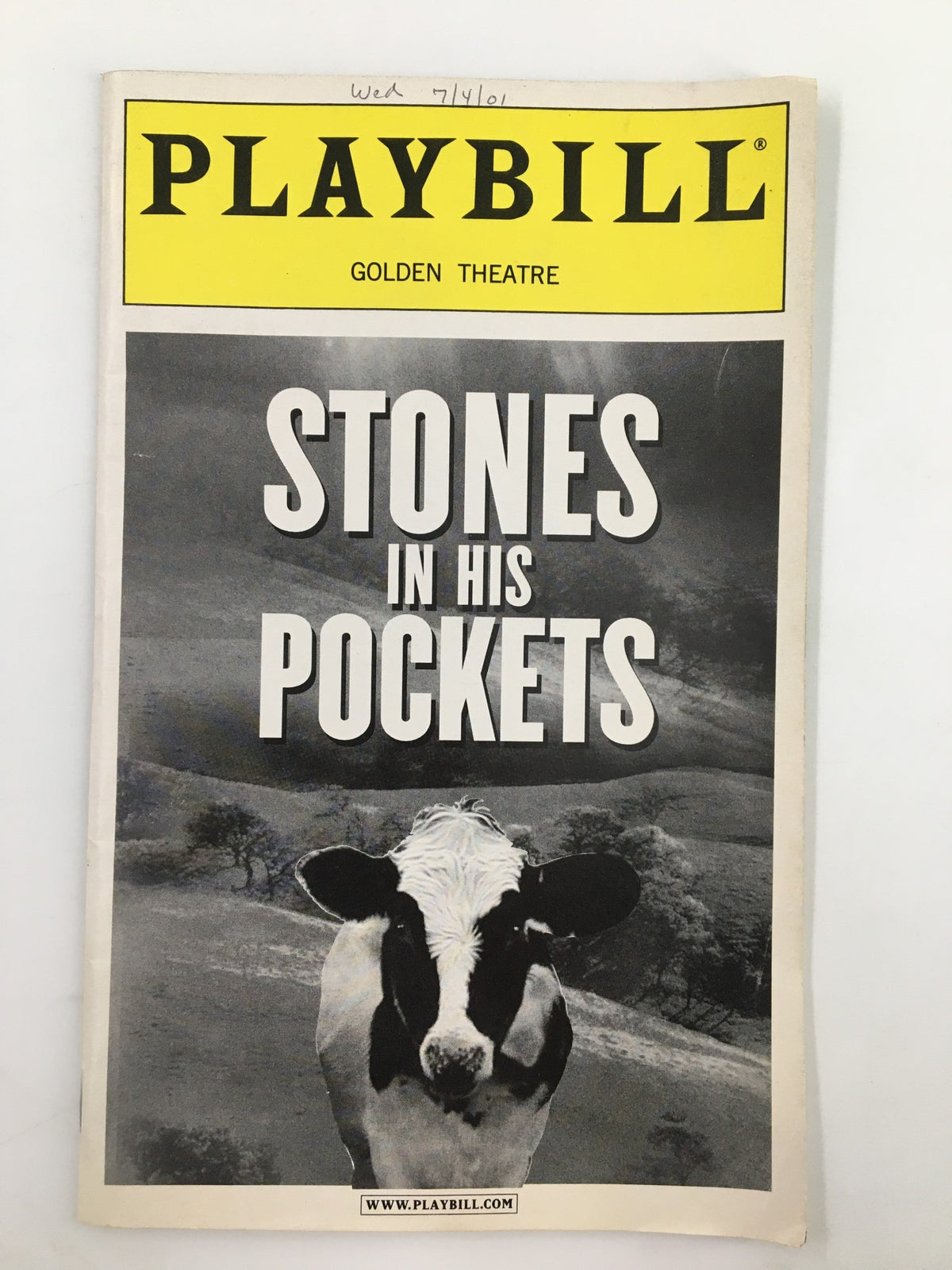 2001 Playbill for 'Stones in His Pockets' at the Golden Theatre, featuring a cow on the cover.