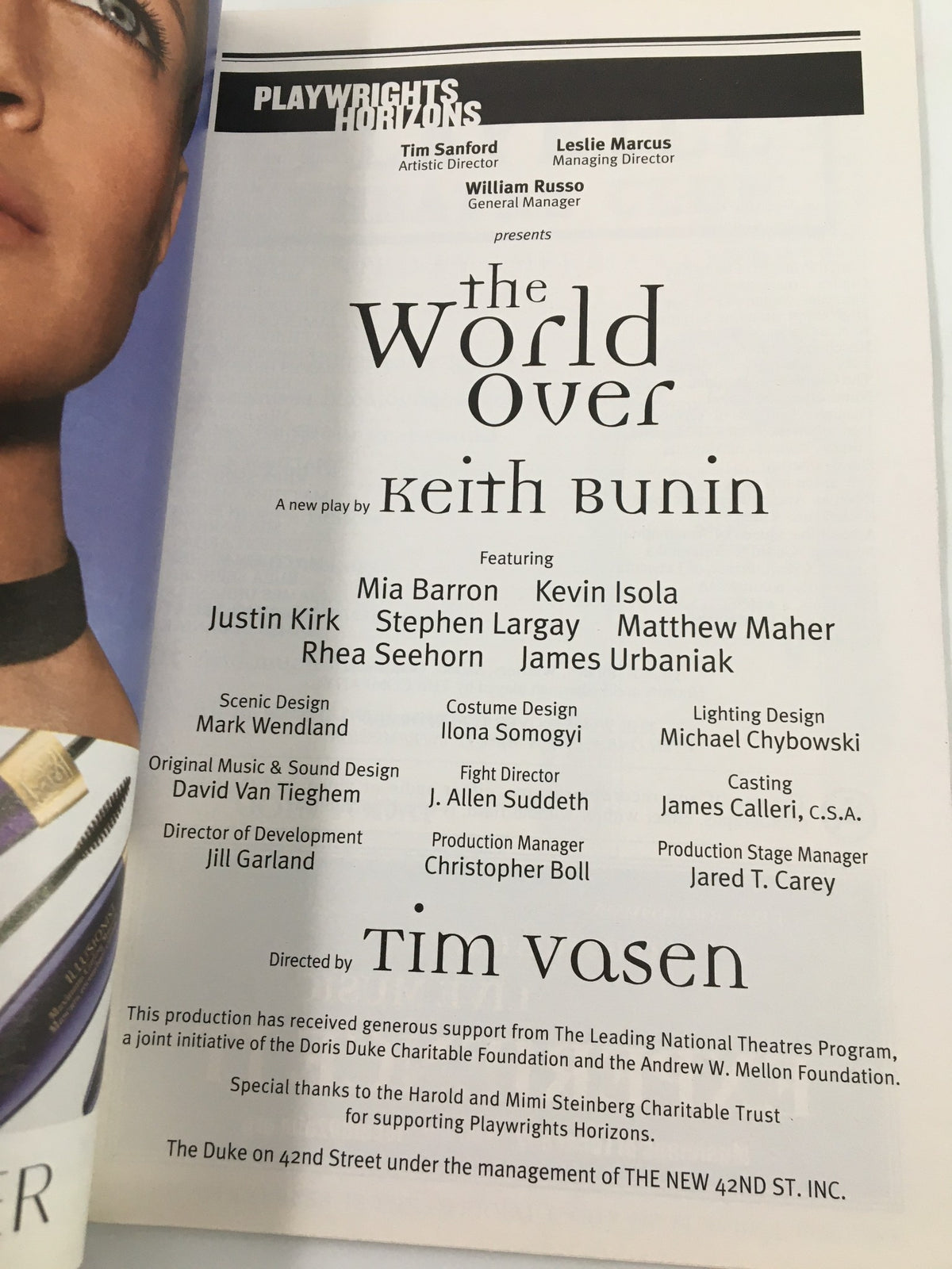 2002 Playbill for The World Over by Keith Bunin showcasing cast and crew details, highlighting Mia Barron among others, featuring artistic elements from Playwrights Horizons.