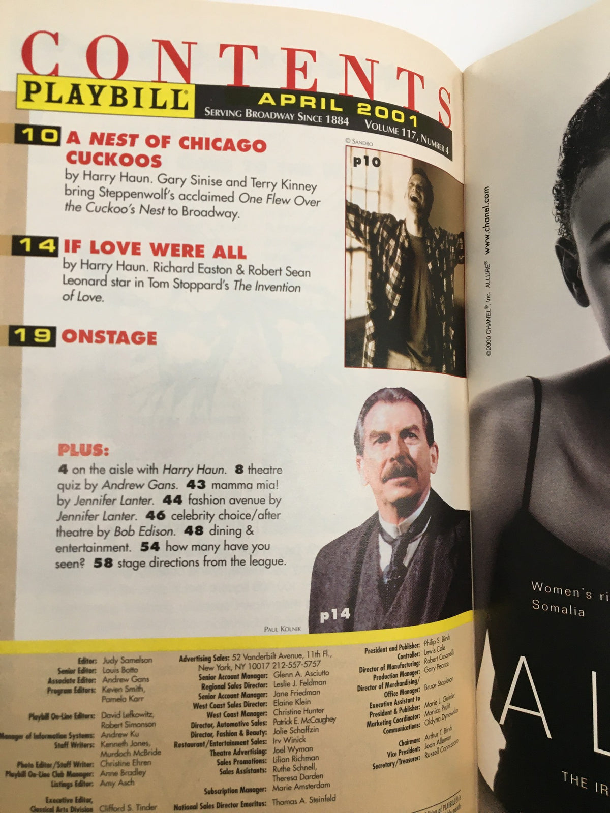 Contents page of the April 2001 Playbill featuring articles and listings, including 'A Nest of Cuckoos' and 'If Love Were All', related to the Manhattan Theatre Club.