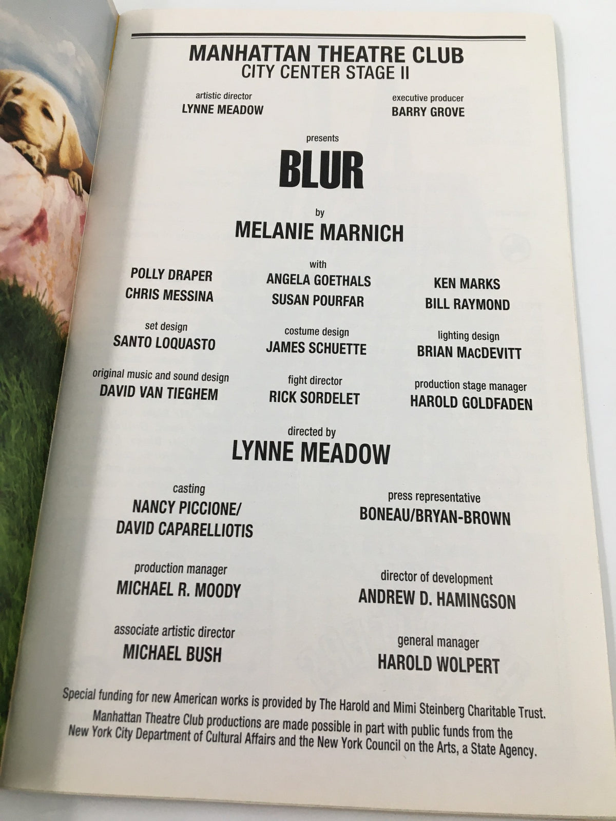 Inside page of the Playbill for 'Blur' by Melanie Marnich, showcasing cast credits including Polly Draper and Chris Noth, produced at the Manhattan Theatre Club.