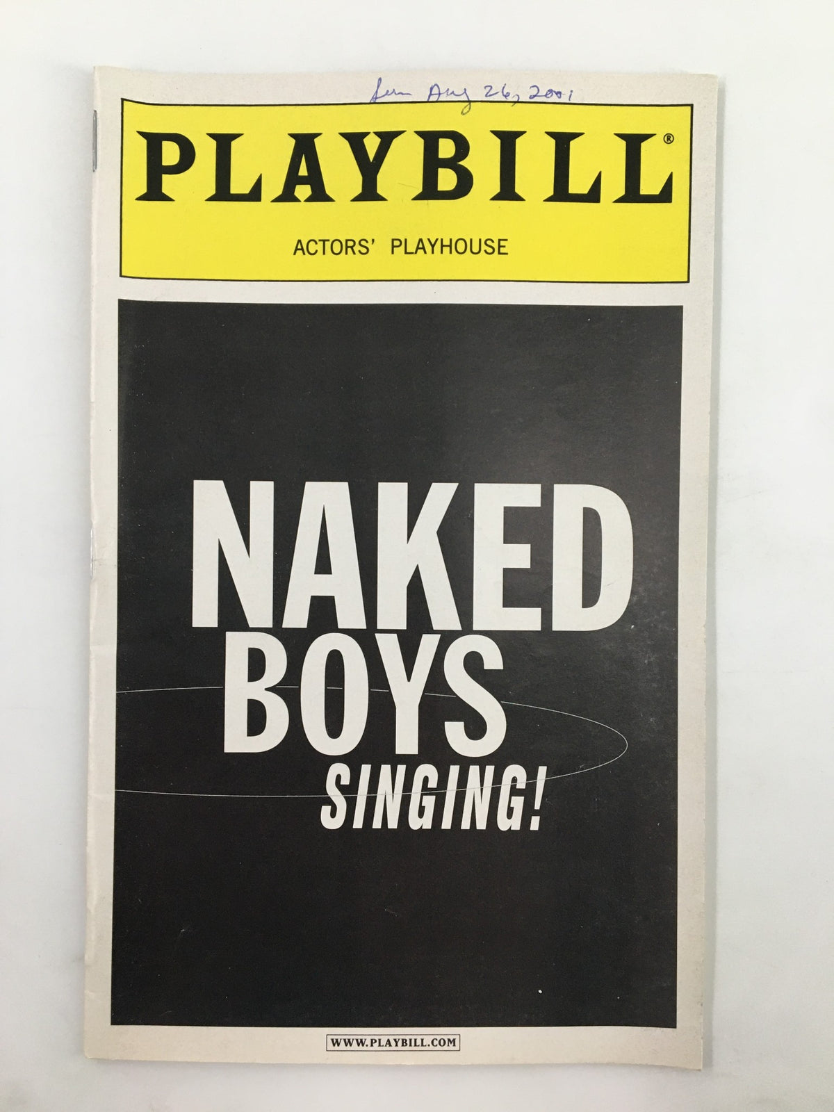 2001 Playbill for Naked Boys Singing at The Actors' Playhouse featuring Tom Gualtieri, showcasing the vibrant cover design that highlights the musical's title.