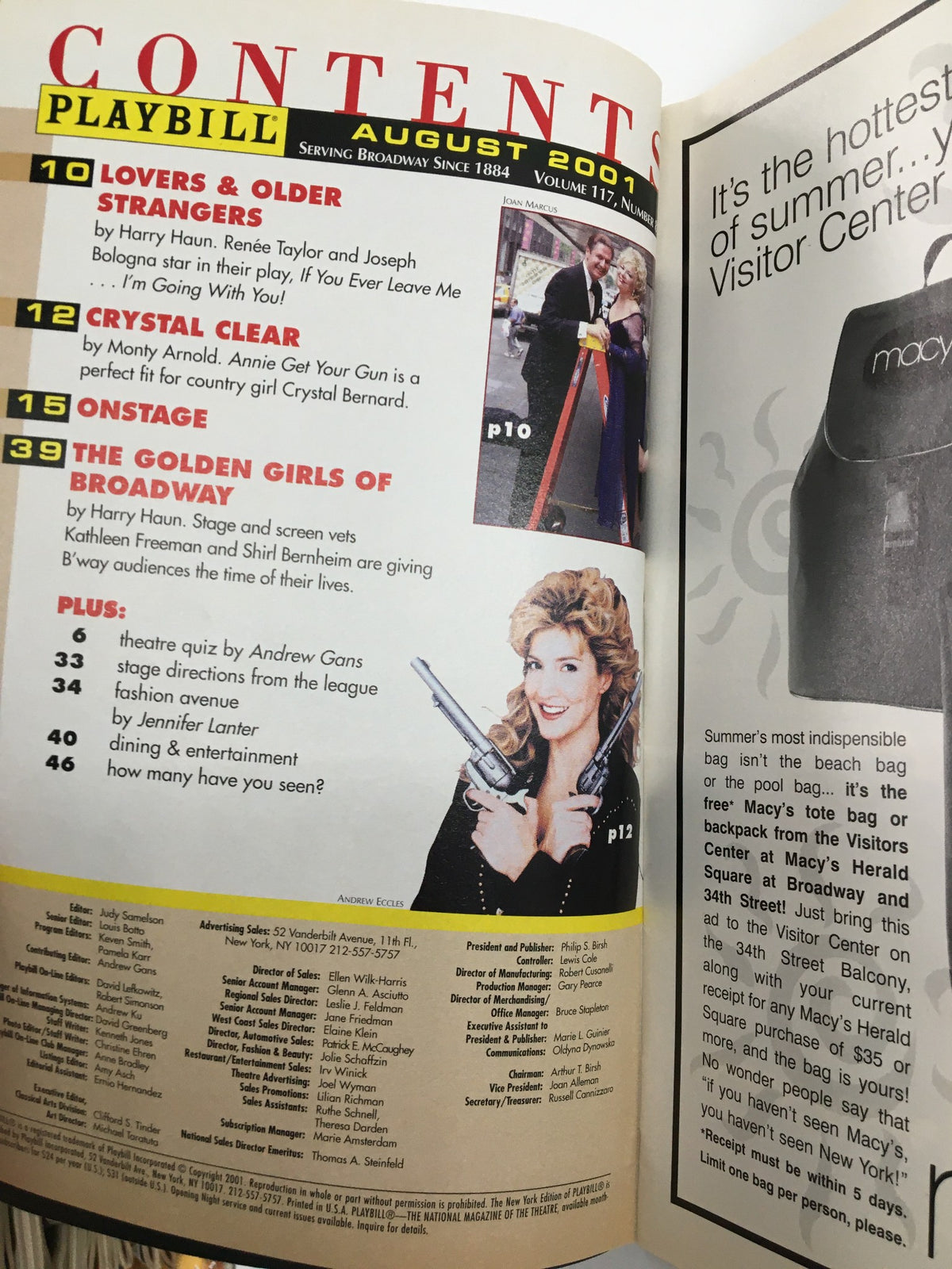 Contents page from the 2001 Playbill featuring the title 'Naked Boys Singing' at The Actors' Playhouse, highlighting articles and upcoming events.