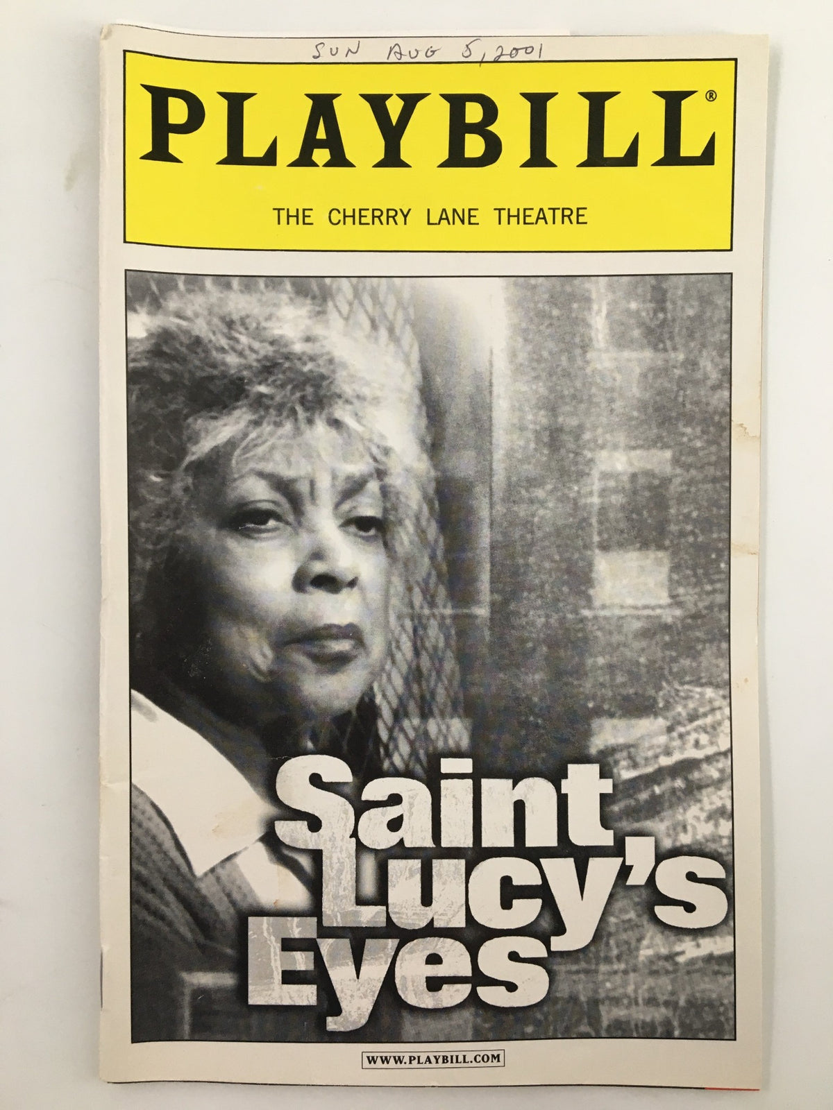 2001 Playbill The Cherry Lane Theatre featuring Ruby Dee in Saint Lucy's Eyes, showcasing the cover with a black and white image of Ruby Dee, dated August 5, 2001.