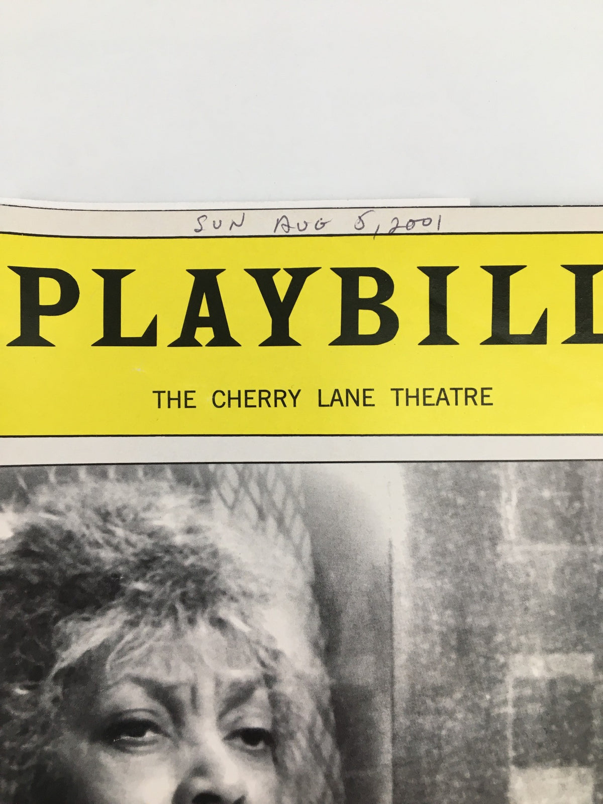 Close-up of the 2001 Playbill The Cherry Lane Theatre for Saint Lucy's Eyes, highlighting the title and date August 5, 2001.