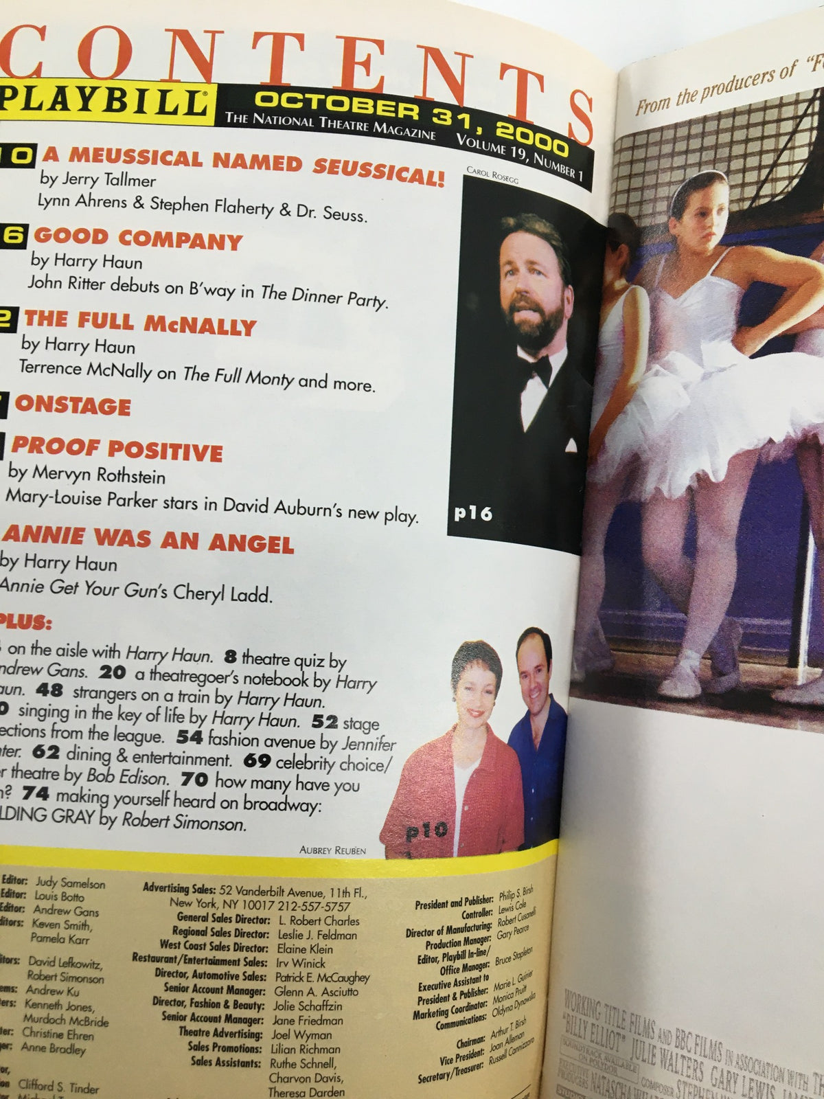 Inside pages of the 2000 Playbill from the Atlantic Theater Company, including the contents page with details on 'Seussical', 'The Full Monty', and other performances, reflecting the theater culture of October 31, 2000.