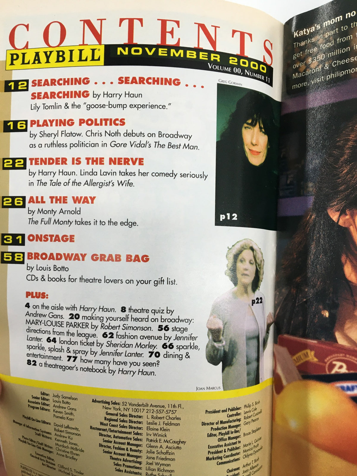 Contents page of the November 2000 Playbill from Union Square Theatre, including articles and features related to Broadway.