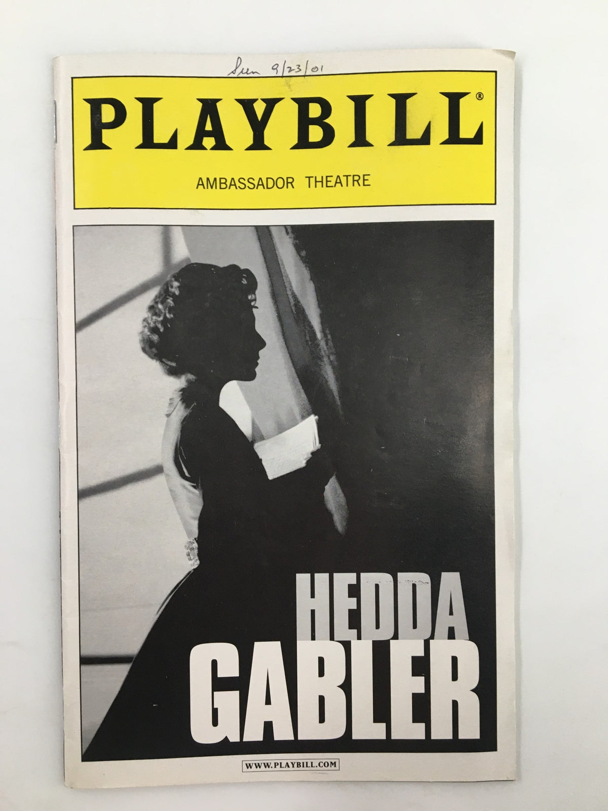 2001 Playbill from Ambassador Theatre featuring Kate Burton in Hedda Gabler, showcasing a striking black and white cover photograph of a woman holding a script.