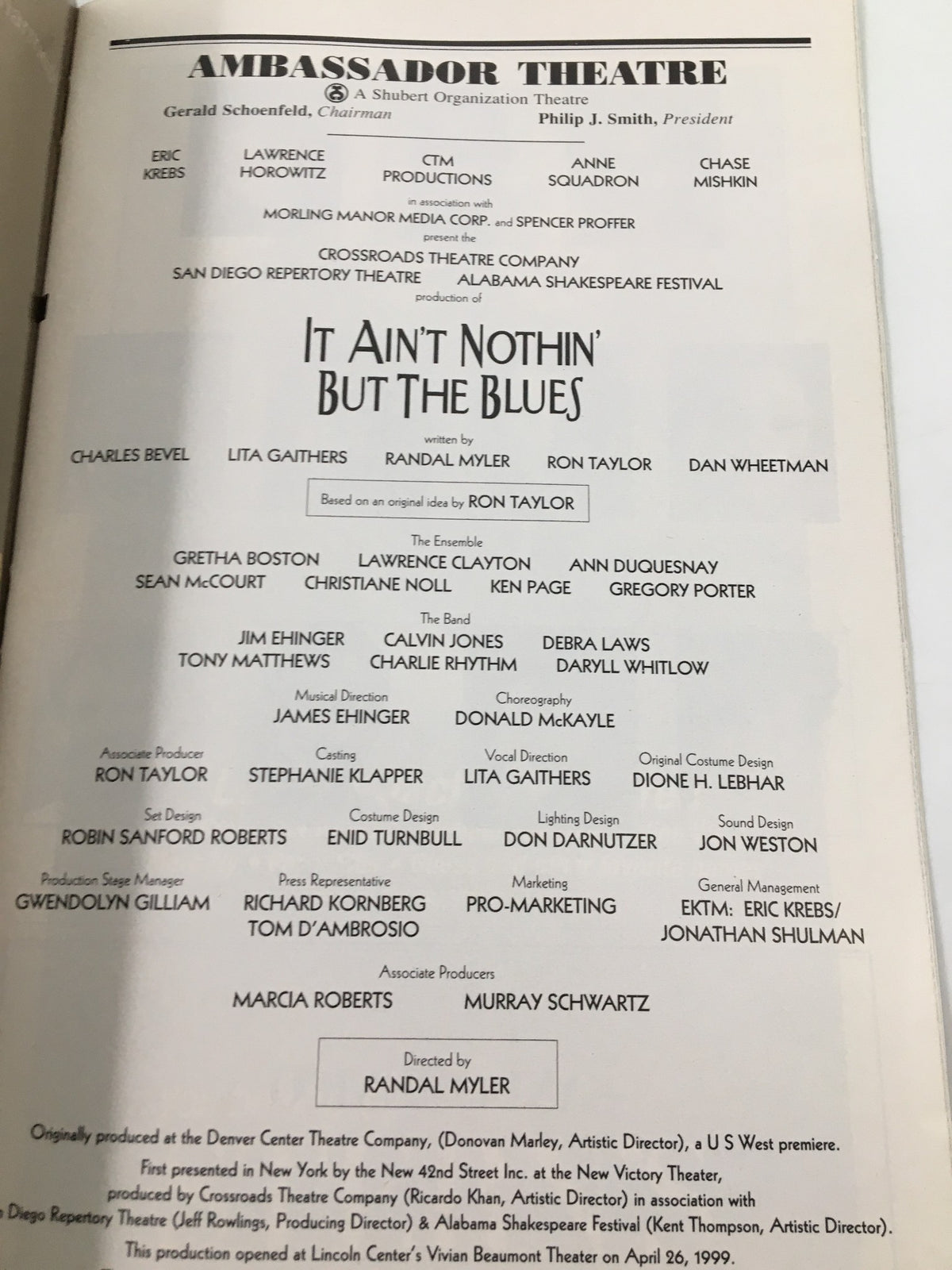 Interior page of the 1999 Playbill from the Ambassador Theatre for 'It Ain't Nothin' But The Blues' featuring cast and creative team.