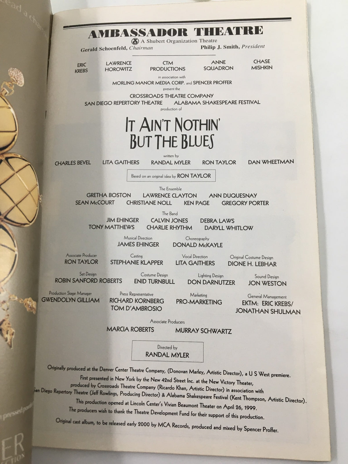 Another interior page of the 1999 Playbill from the Ambassador Theatre for 'It Ain't Nothin' But The Blues' displaying additional cast members and information.