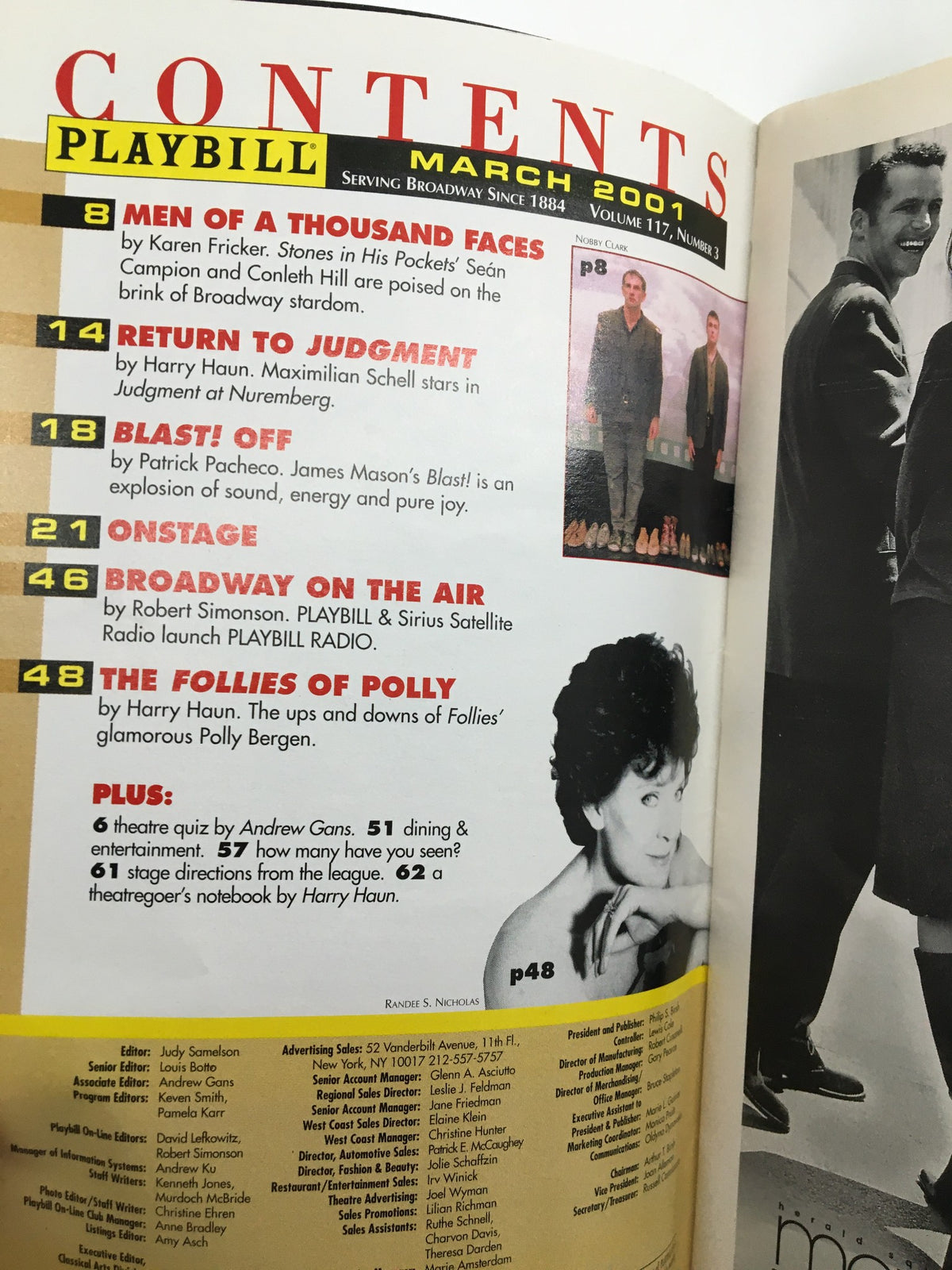 Table of contents page from the 2001 Playbill National Actors Theatre for 'Judgment at Nuremberg'.