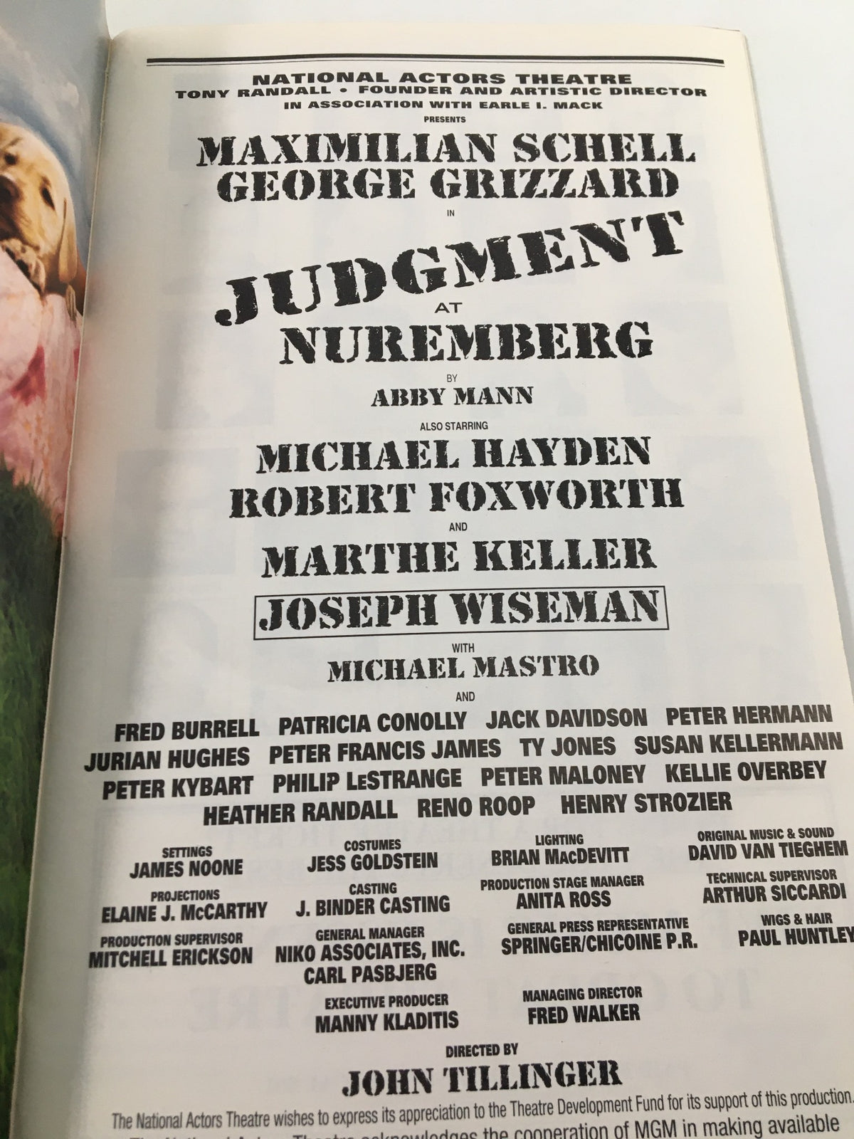 Cast list page from the 2001 Playbill National Actors Theatre showcasing 'Judgment at Nuremberg'.