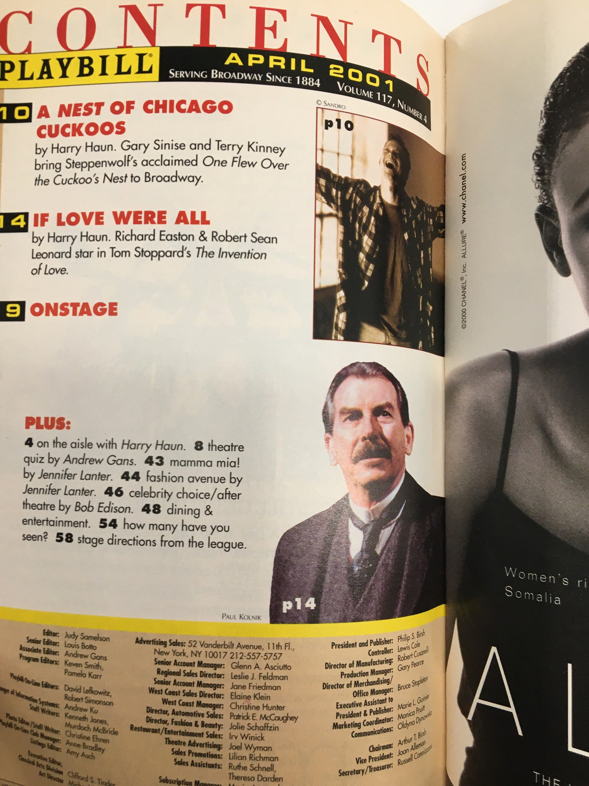 Contents page of the 2001 Playbill featuring 'A Class Act' at Ambassador Theatre, showcasing Broadway listings and notable performances.