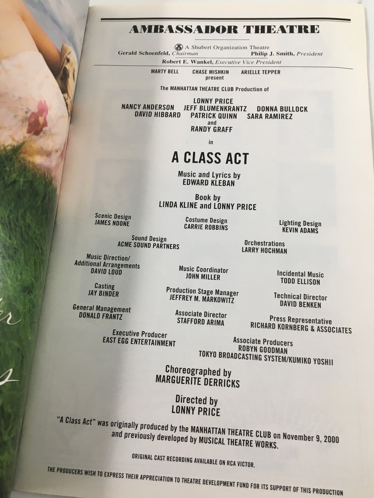 Main page of the 2001 Playbill for 'A Class Act' at Ambassador Theatre, highlighting cast and crew details including Lonny Price and Edward Kleban.