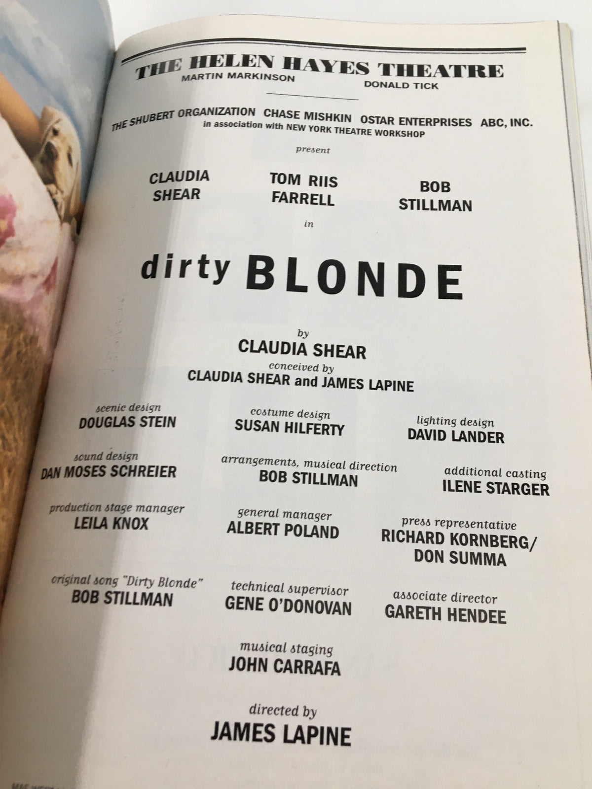 Cast and creative team details for 'Dirty Blonde' from the 2000 Playbill at The Helen Hayes Theatre, including Claudia Shear.