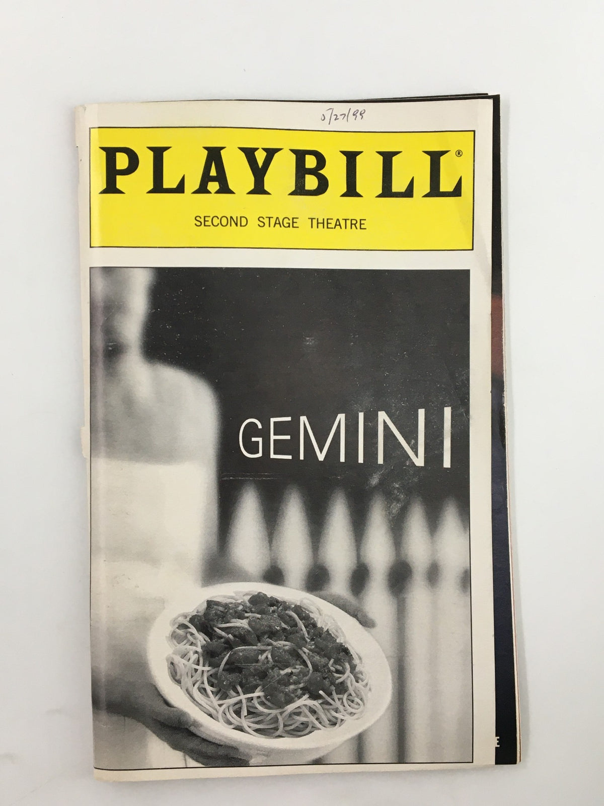 Cover image of the 1999 Playbill for Second Stage Theatre's production of Gemini, featuring a black and white photo of a dish and the title 'GEMINI' prominently displayed.