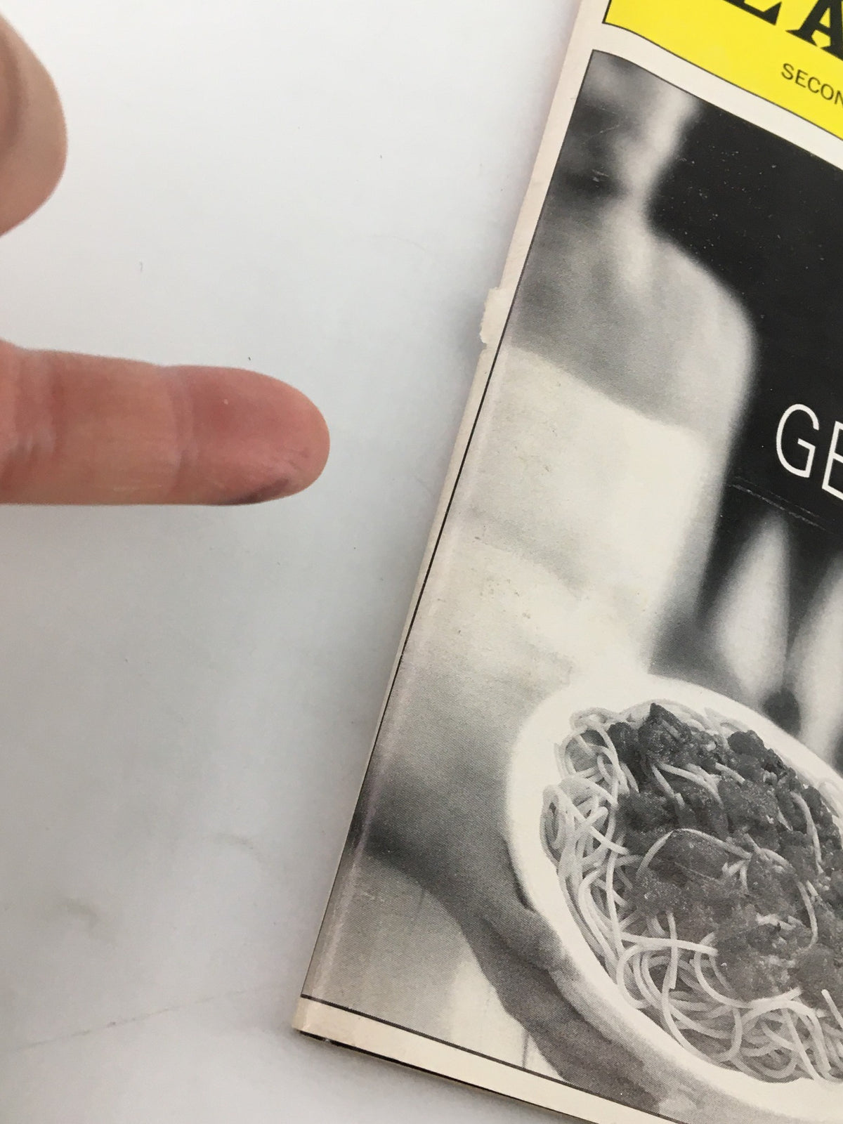 Close-up of the 1999 Playbill for 'Gemini' by Albert Innaurato at Second Stage Theatre, highlighting the title and a hand pointing towards the cover.