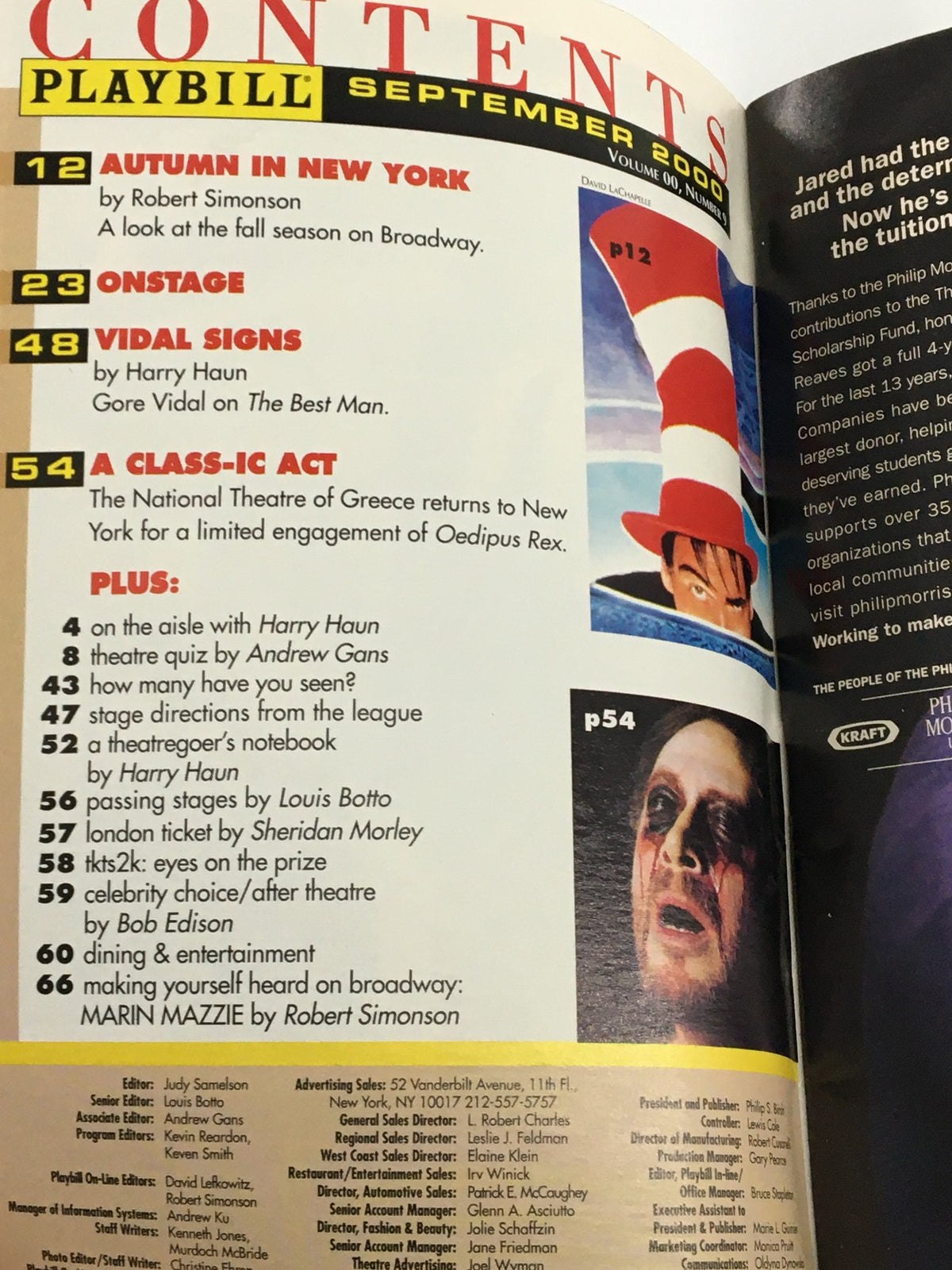 Playbill contents page from September 2000, listing articles and features related to the Dance Theatre of Harlem, including notable contributions from artists and writers.