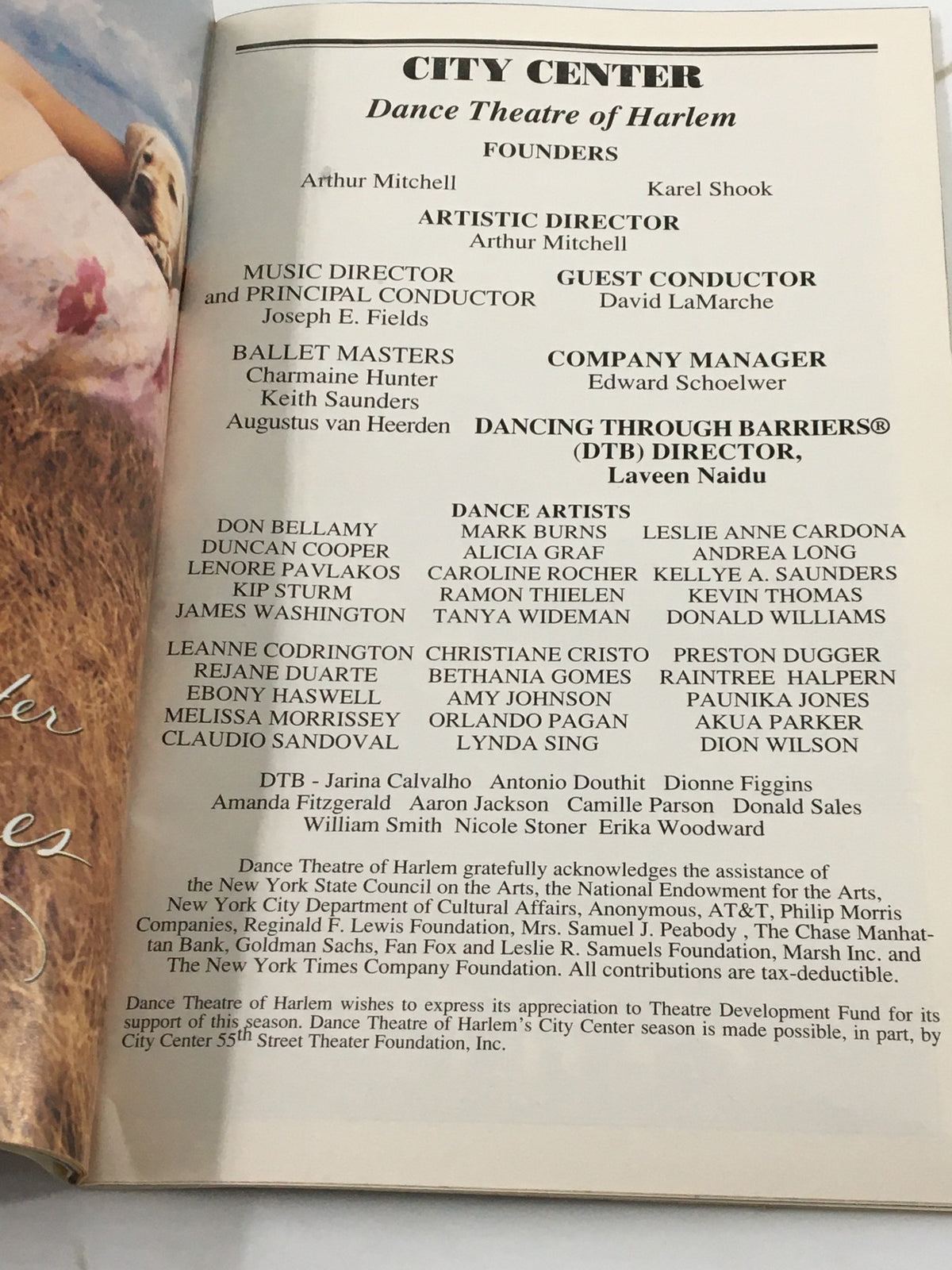 City Center page from the 2000 Playbill highlighting the Dance Theatre of Harlem's founders Arthur Mitchell and Karel Shook, detailing the artistic leadership and performance lineup.