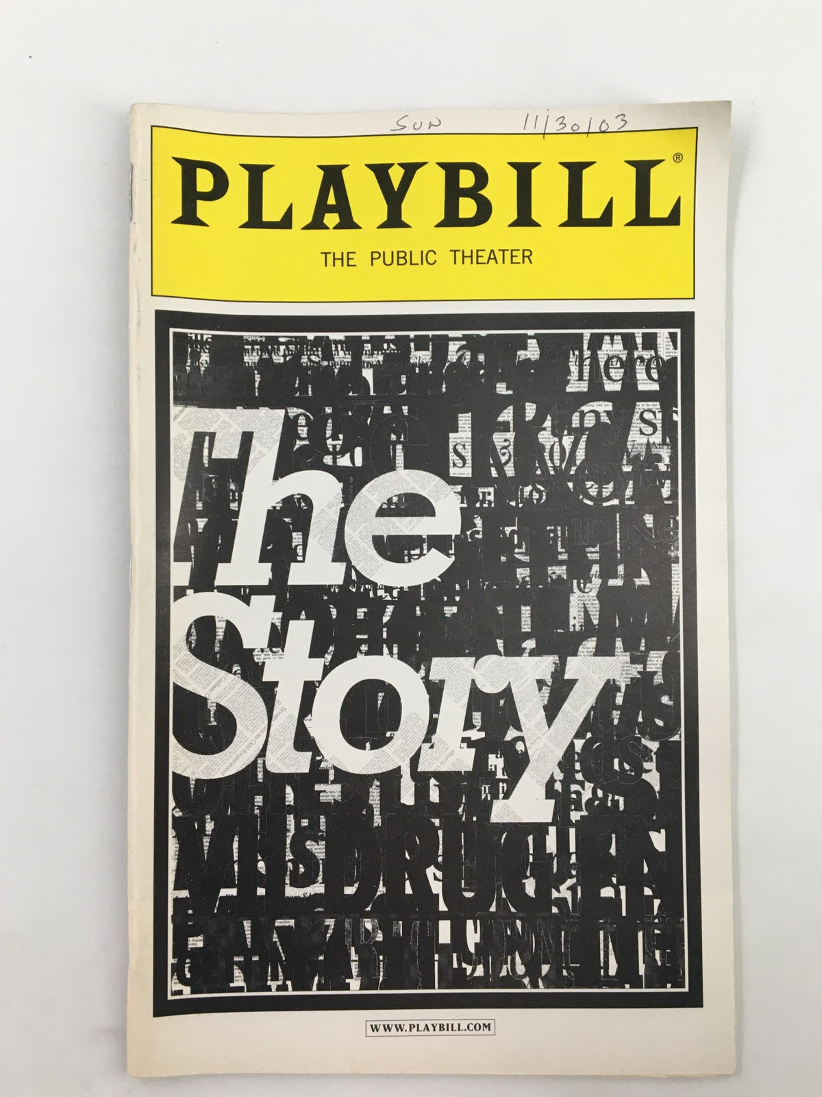 2003 Playbill for The Story by Tracey Scott Wilson, showcasing the black and white collage design featuring the title prominently, produced by The Public Theater.
