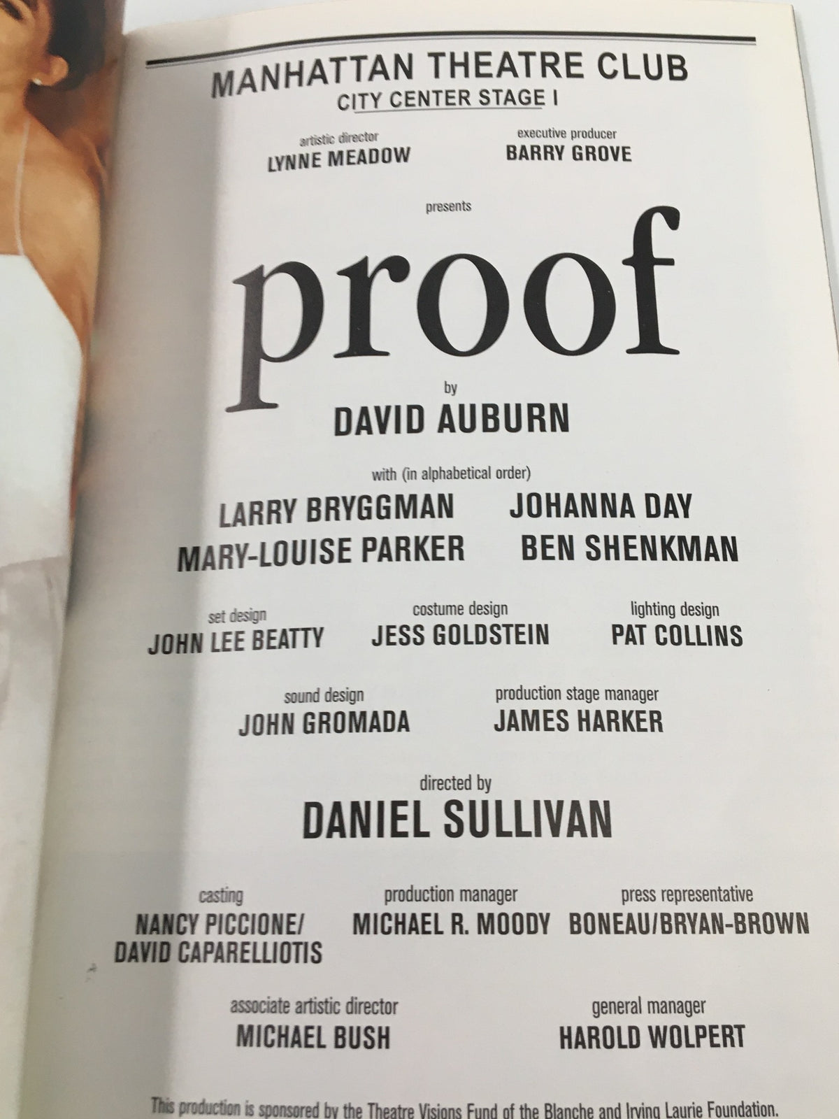 2000 Playbill Manhattan Theatre Club featuring the play Proof by David Auburn, highlighting cast members including Larry Bryggman and directed by Daniel Sullivan.
