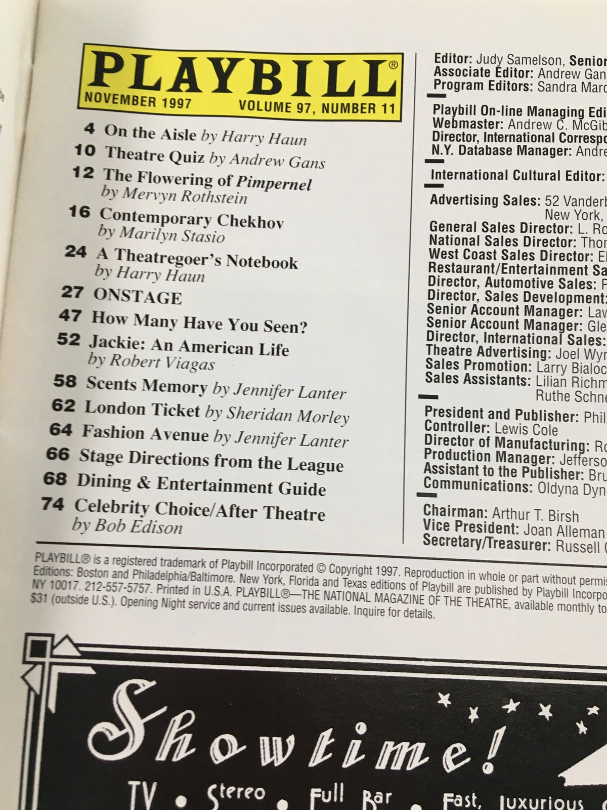 Details page of the November 1997 Playbill, including a list of contents from Roundabout Theatre Company.