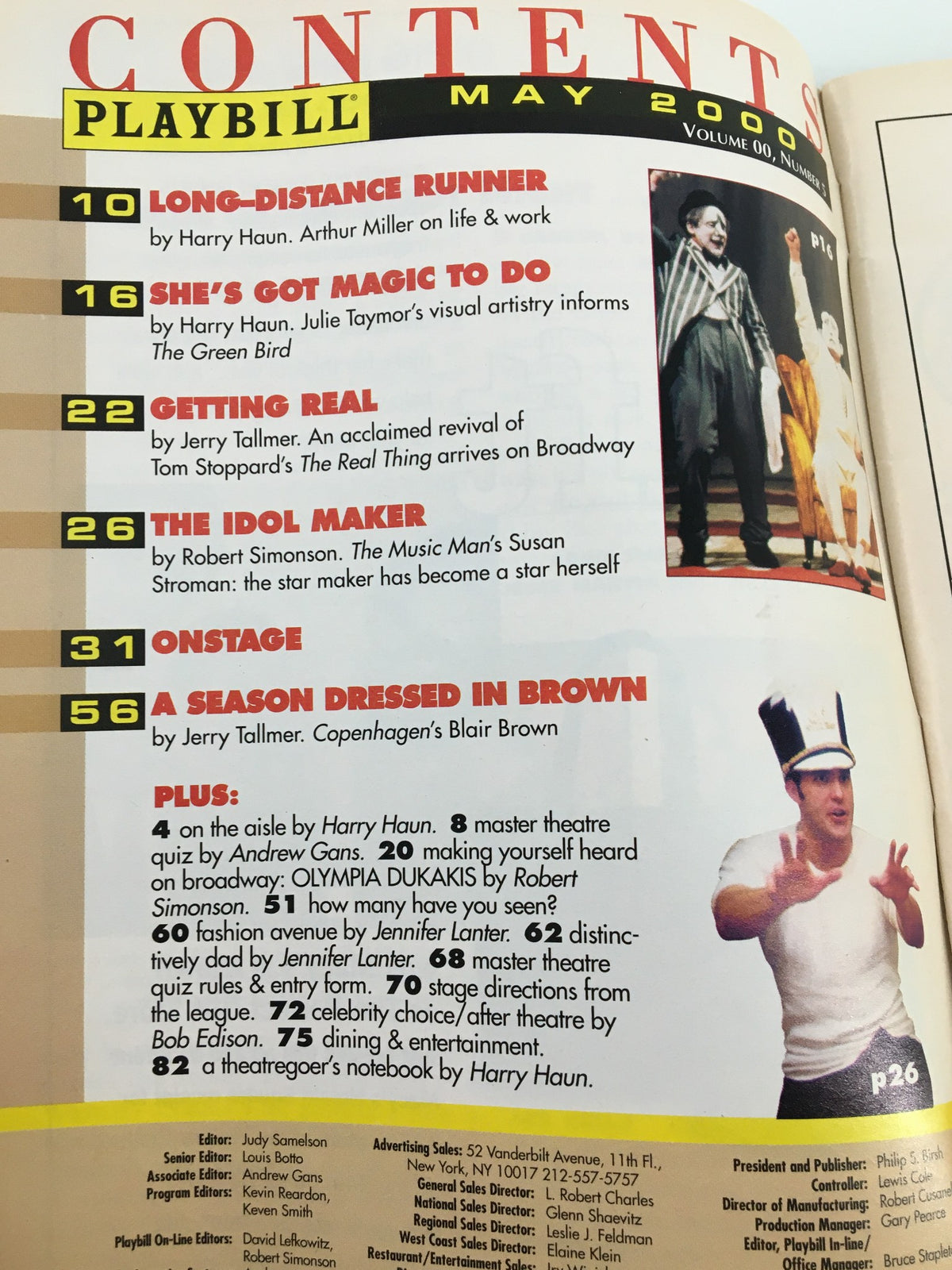 2000 Playbill The Promenade Theatre contents page from May 2000, listing the featured productions including The Waverly Gallery.