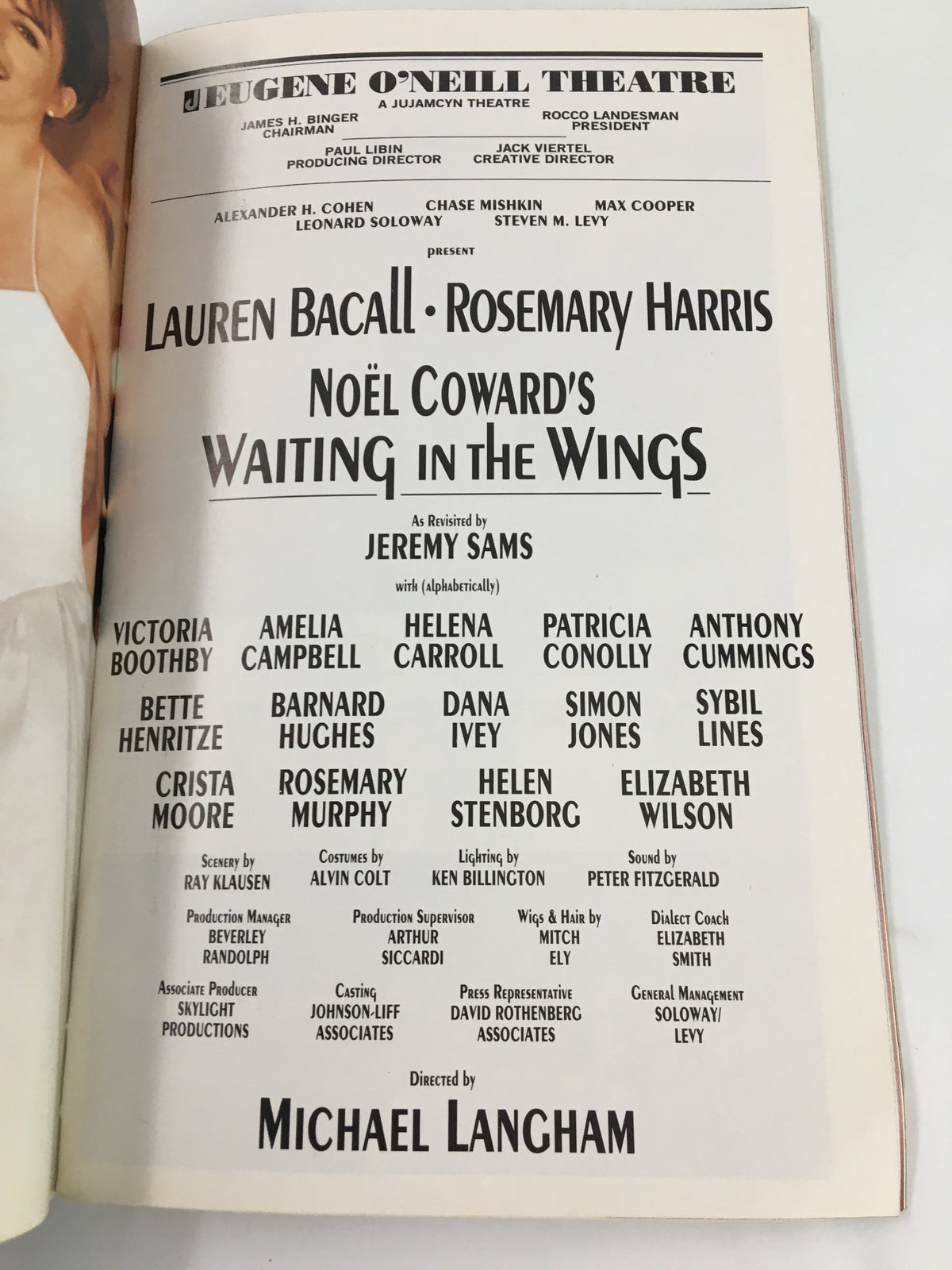 2000 Playbill from Eugene O'Neill Theatre featuring Lauren Bacall and Rosemary Harris in Waiting In the Wings, showcasing the cast list and creative team, highlighting the historical significance of this theatrical production.