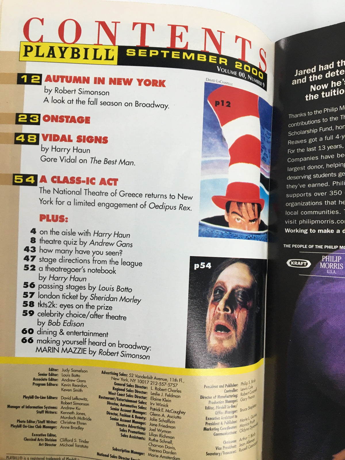 Contents page of the September 2000 Playbill, highlighting various articles including features on theatre and a profile of Juno and The Paycock.