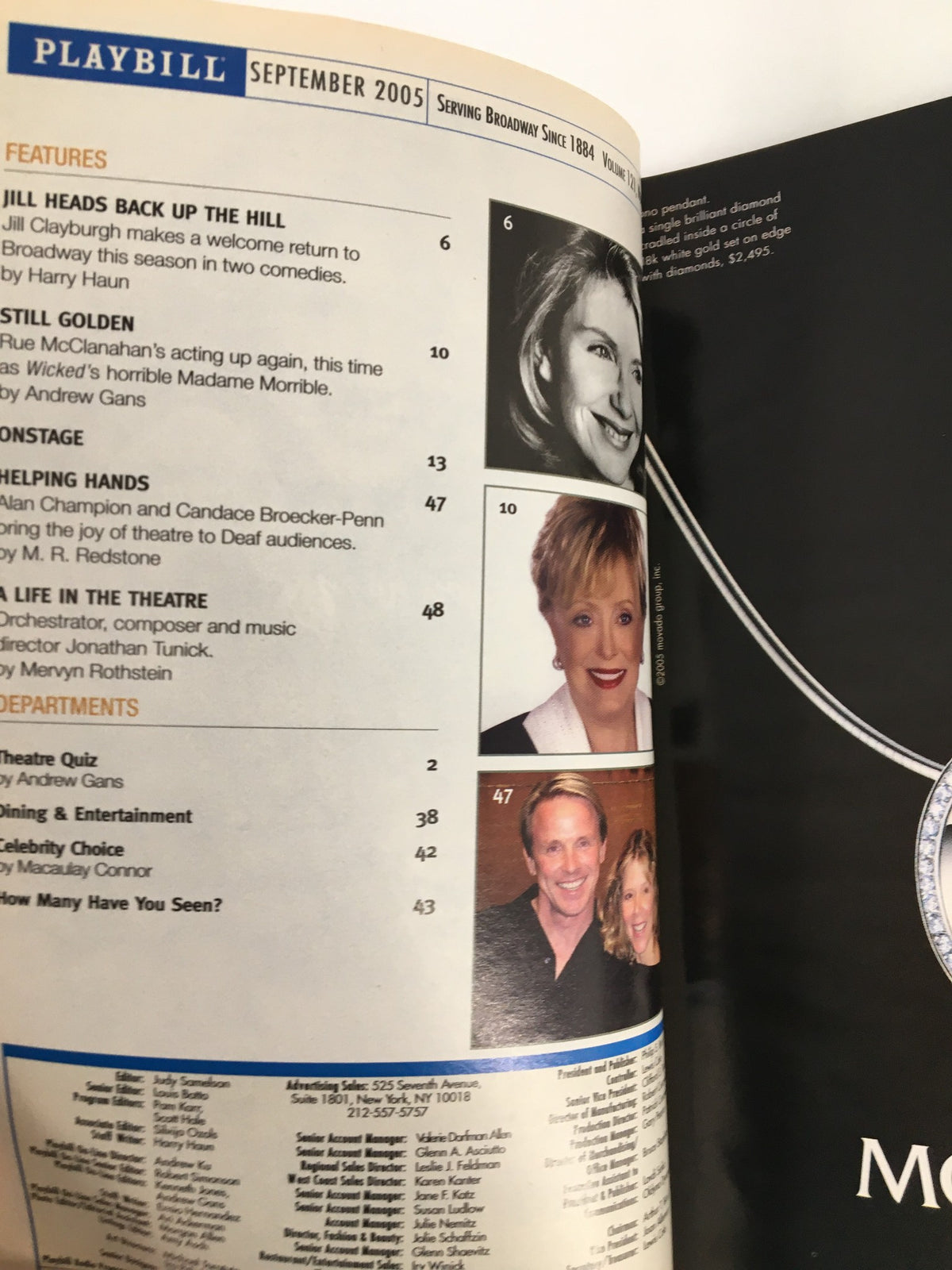 September 2005 issue of Playbill showing features, including articles and sections related to theater performances.