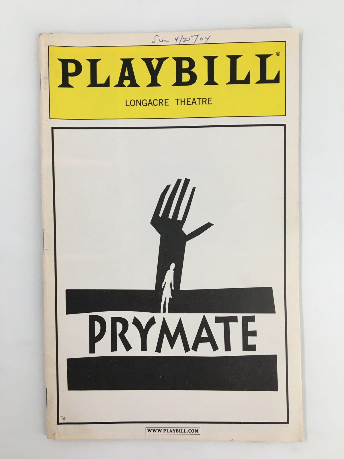 Front cover of the 2004 Playbill from Longacre Theatre featuring the play Prymate, showcasing a striking graphic design with a hand motif.
