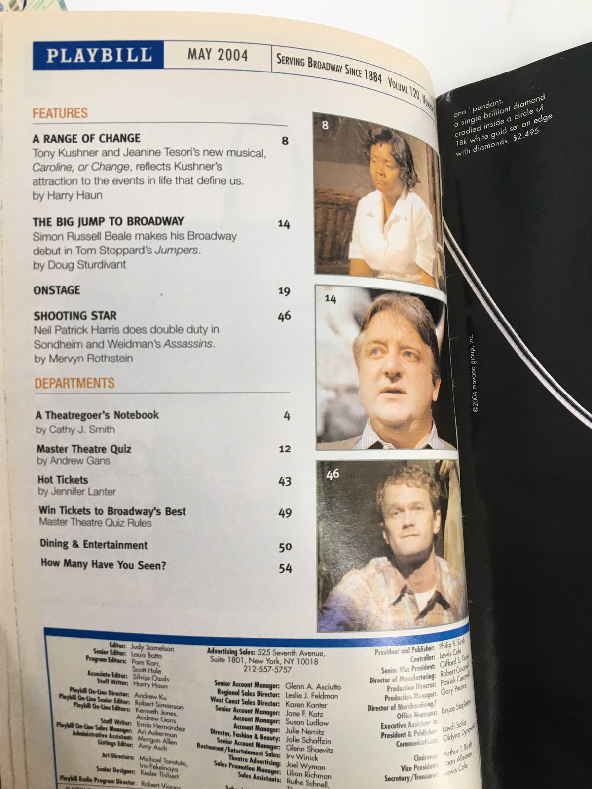 Interior page of the 2004 Playbill from Longacre Theatre, displaying features and articles related to Broadway performances, including a section on the play Prymate.