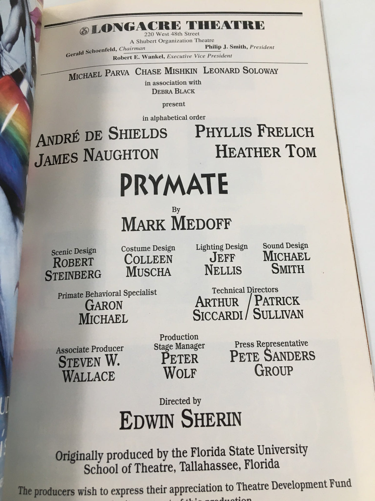 2004 Playbill from Longacre Theatre featuring Andre de Shields, Heather Tom, and cast details for the play Prymate, directed by Edwin Sherin, showcasing a rich theatrical history.