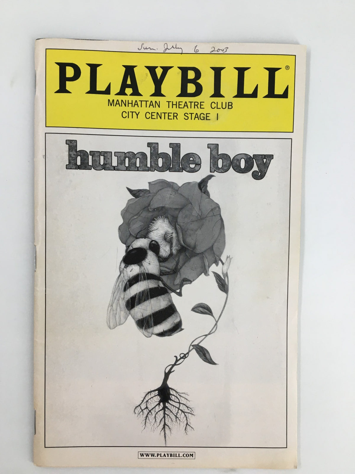 2003 Playbill for Humble Boy at Manhattan Theatre Club featuring artwork of a bee and rose, showcasing performances by Blair Brown and Jared Harris.
