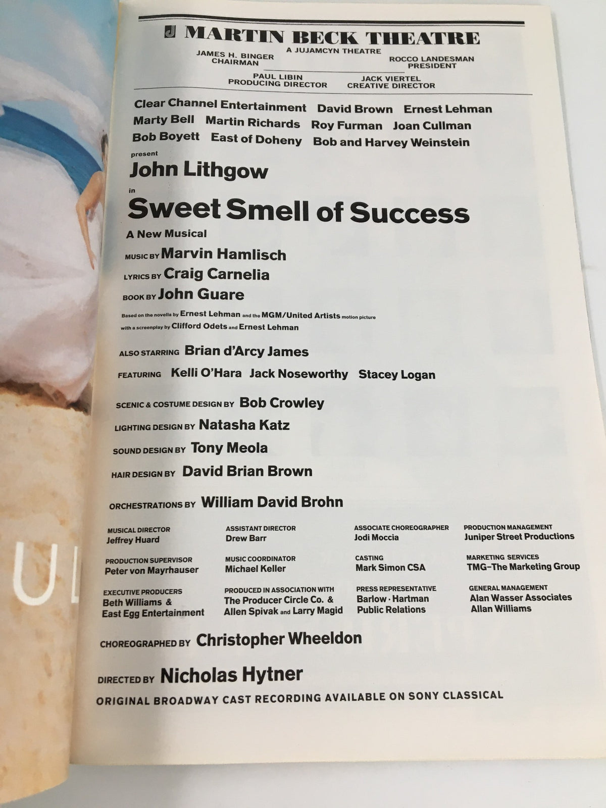 Cast and crew list of the 2002 production 'Sweet Smell of Success' at the Martin Beck Theatre, featuring John Lithgow, included in the Playbill.