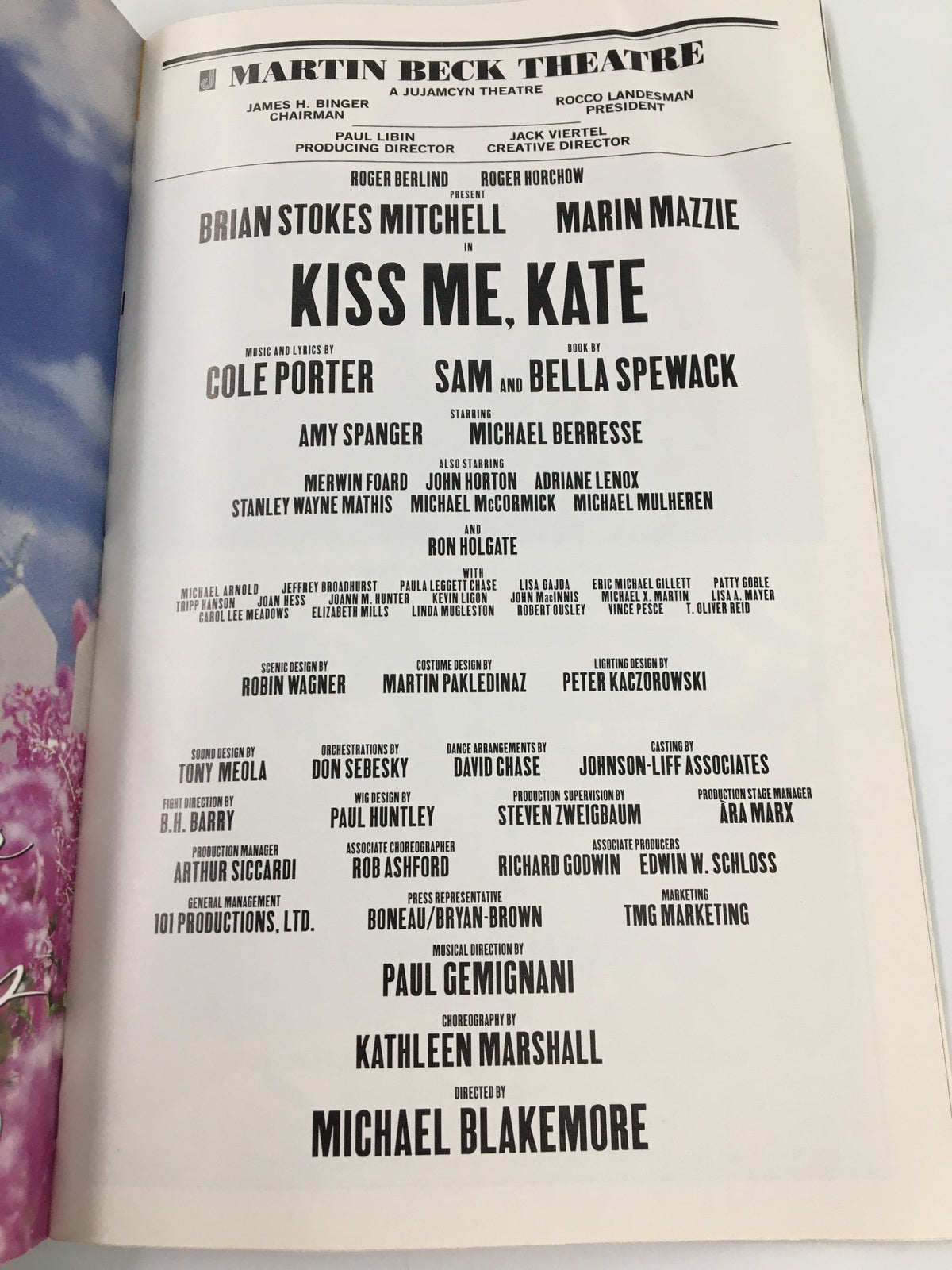 Cast and production credits for Kiss Me, Kate featuring Brian Stokes Mitchell at Martin Beck Theatre