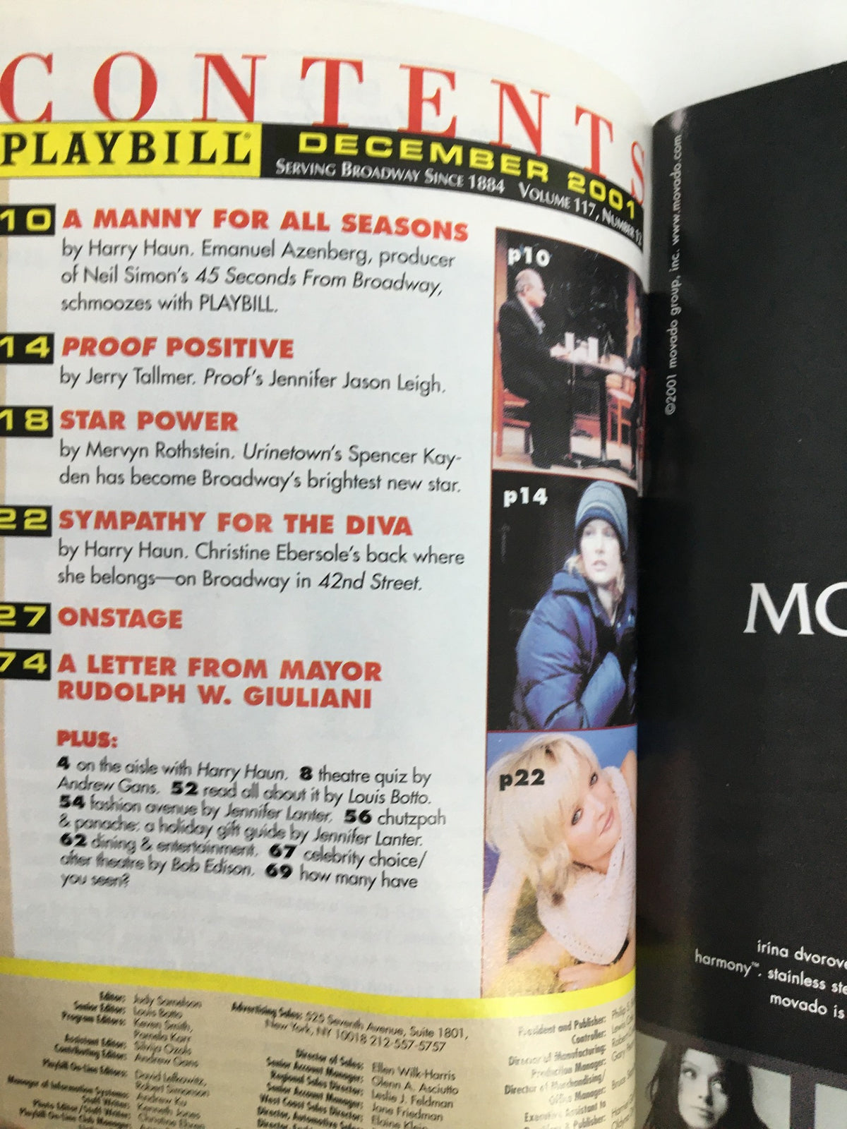 Interior page of the 2001 Playbill from Gramercy Theatre containing the contents list, featuring production highlights, including 'Speaking in Tongues' and other notable performances.