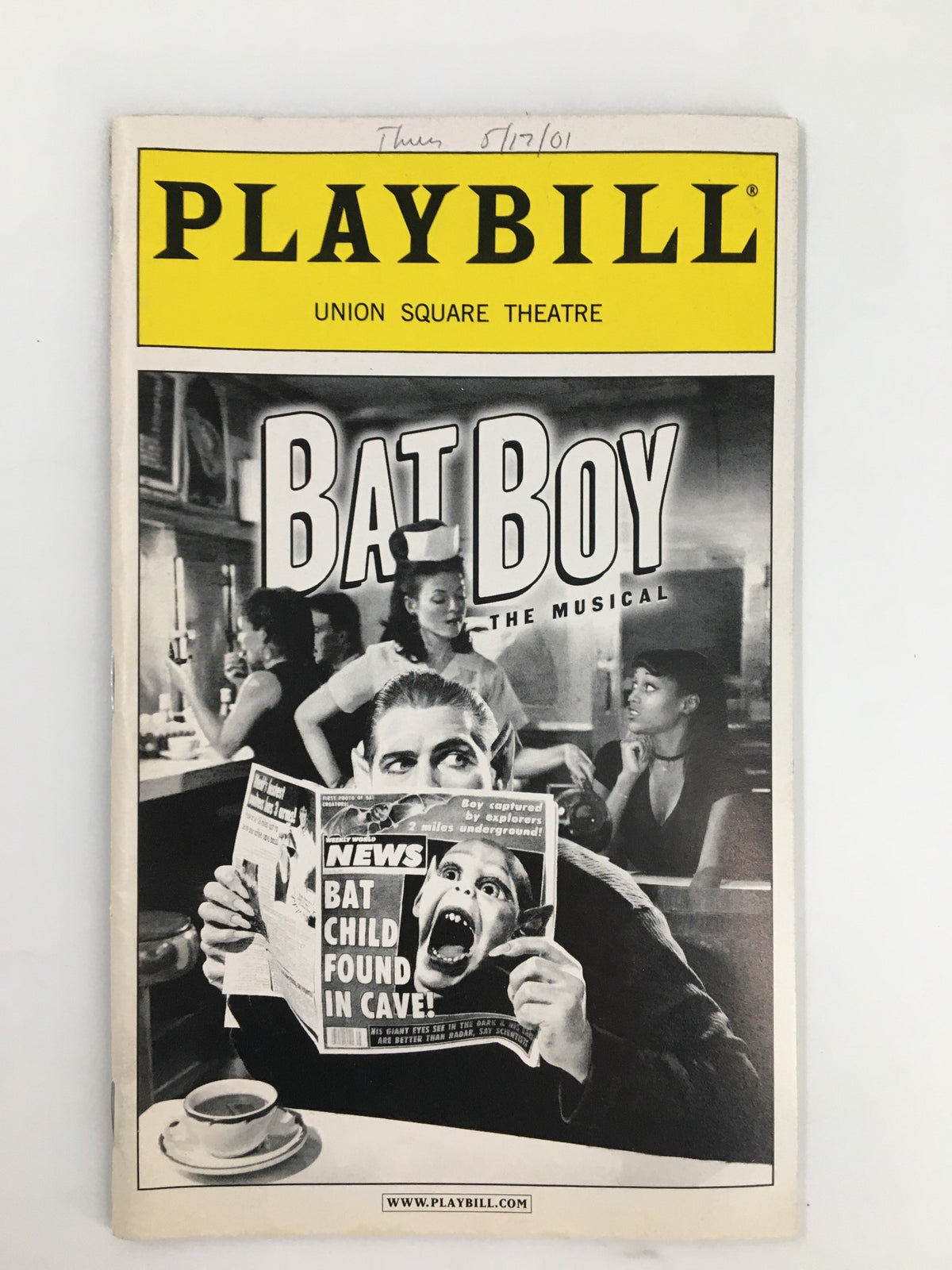 2001 Playbill from Union Square Theatre for Bat Boy showcasing a dramatic cover featuring characters and headlines related to the musical.