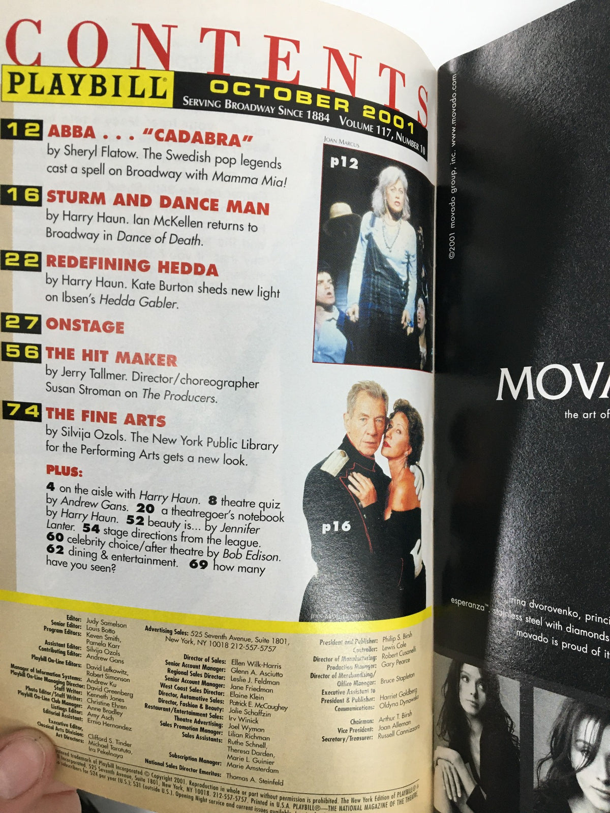 Table of contents page from the 2001 Playbill for The Late Henry Moss, accompanied by articles including ABBA's 'Cadarbra' and other theatrical features.