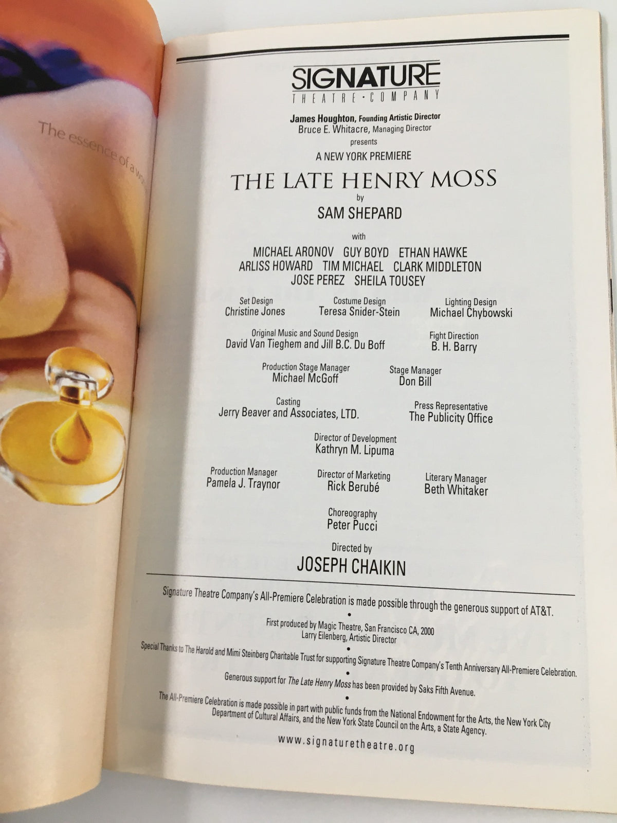 Credits page from the 2001 Playbill for The Late Henry Moss, listing cast members and creative team, emphasizing its significance in theatre history.