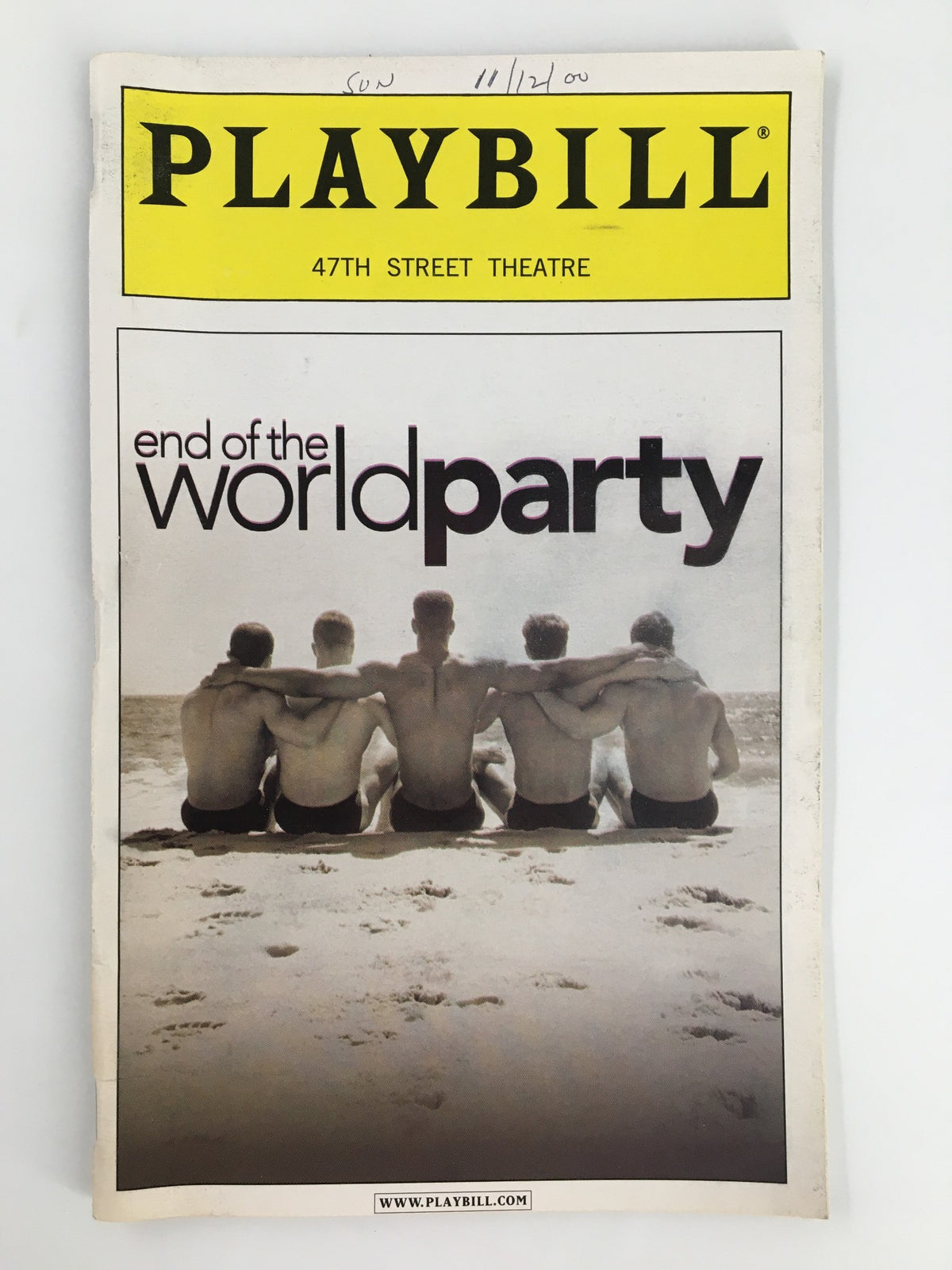 2000 Playbill for the 47th Street Theatre featuring Anthony Barrile in End of the World Party, showcasing a vintage design with a striking black-and-white photograph of five individuals sitting on a beach, emphasizing the theatrical production's theme.