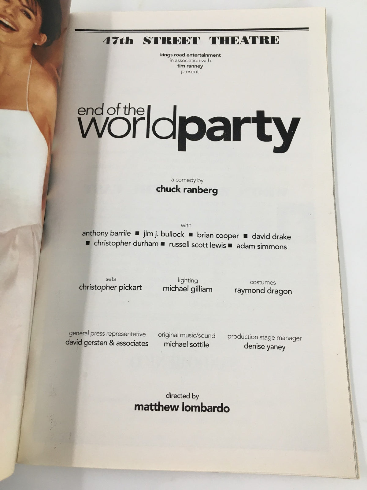 Inside page of the 2000 Playbill from the 47th Street Theatre featuring the production details of 'End of the World Party' by Chuck Ranberg, listing key cast members and production team.
