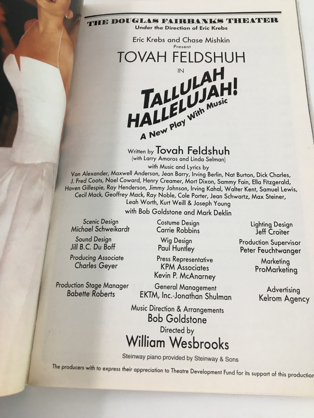 Inside page of the 2000 Playbill for Tova Feldshuh in Tallulah Hallelujah! detailing the production team and credits.