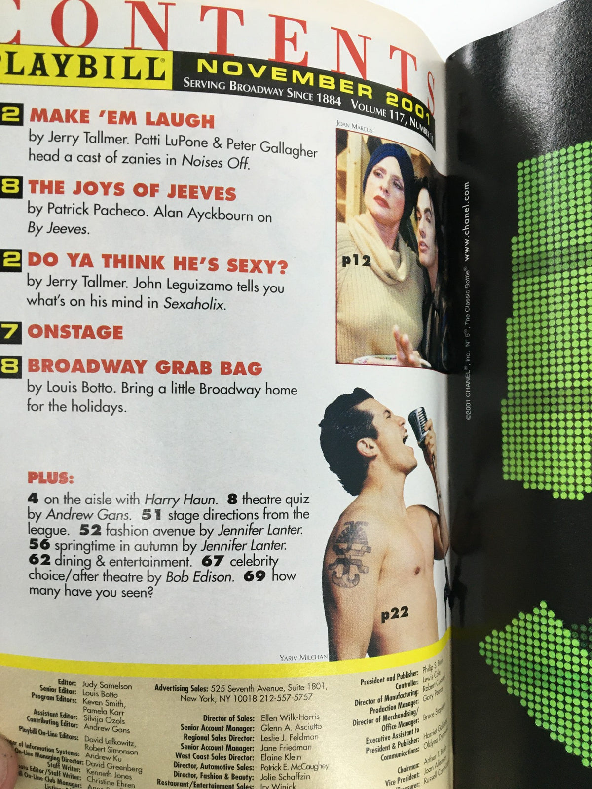 Contents page from the November 2001 Playbill, featuring articles and highlights from the edition including 'Make 'Em Laugh' and 'The Joys of Jeeves'.