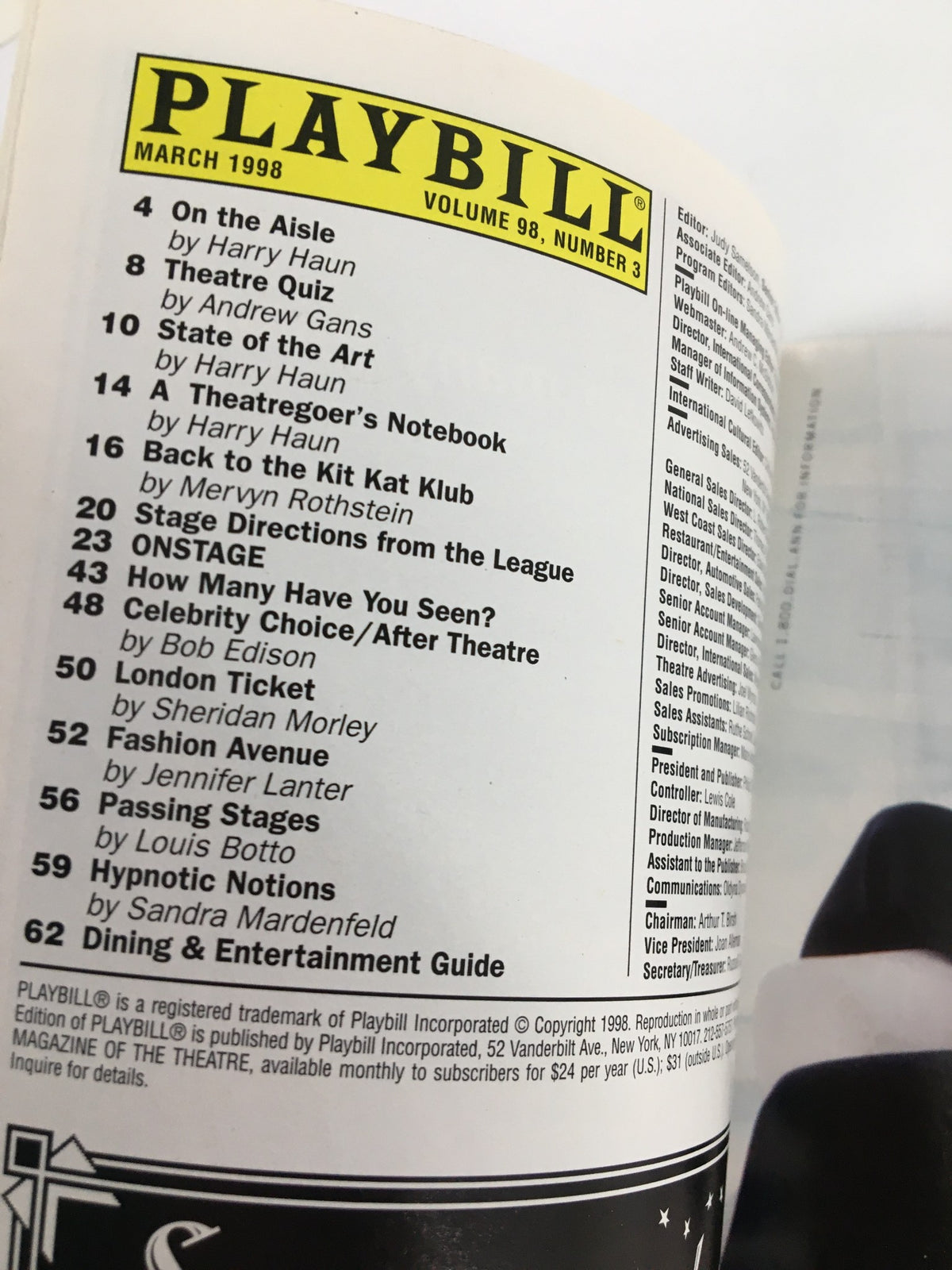 Inside page of the March 1998 Playbill Criterion Center Stage Right, listing contents including theatre-related articles and features.