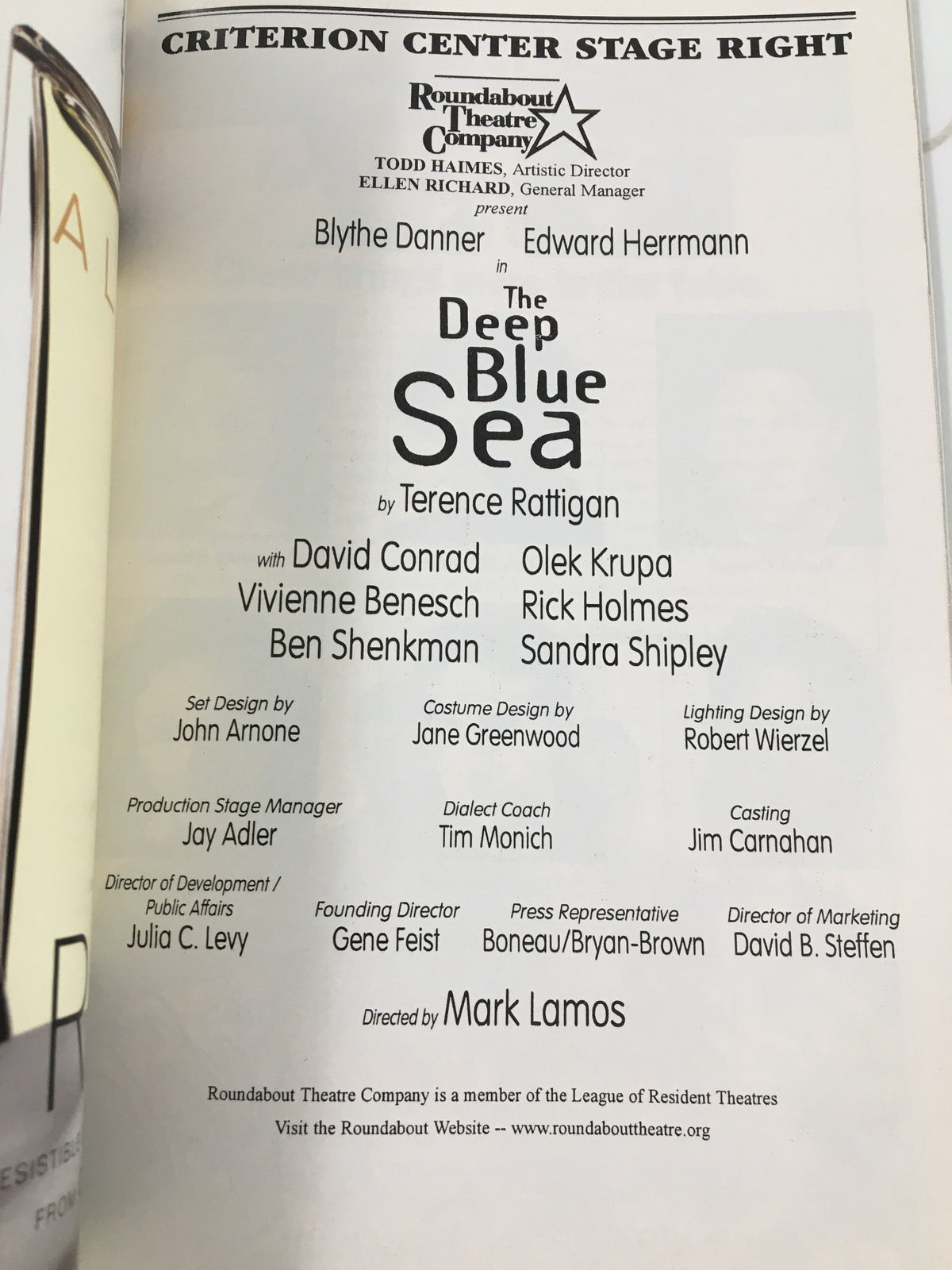 Cast and production details page from the 1998 Playbill Criterion Center Stage Right for The Deep Blue Sea, featuring credits for David Conrad and others.