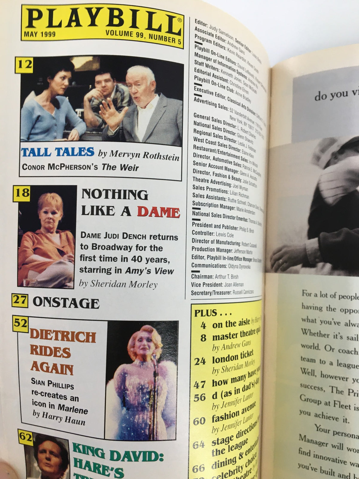Inside page of the 1999 Playbill for If Love Were All at Lucille Lortel Theatre, displaying additional theater listings and production information.
