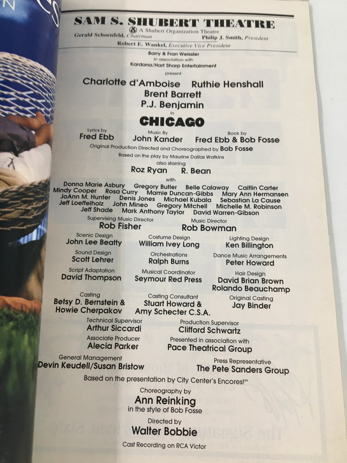 1999 Playbill from Sam S. Shubert Theatre listing cast and production details for 'Chicago' including notable performers like Charlotte d'Amboise.