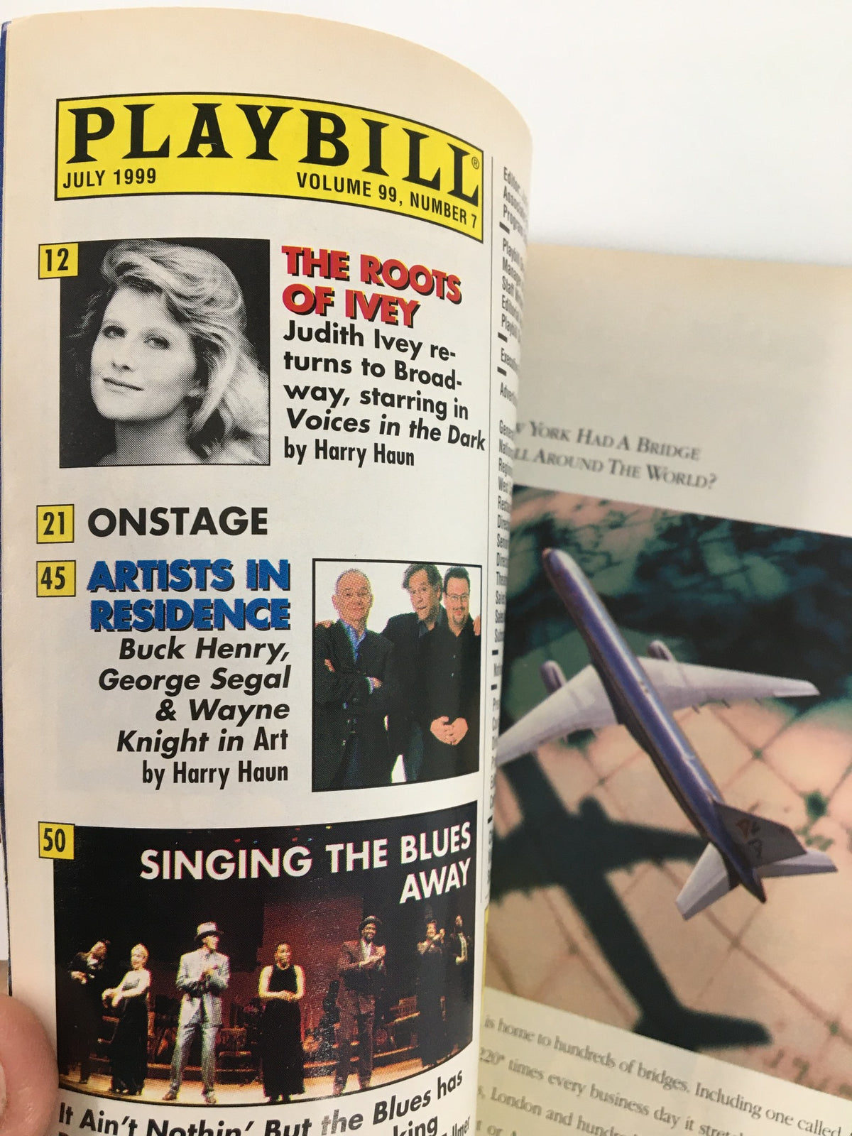 Interior page of the 1999 Playbill The Music Box highlighting various events, including 'The Roots of Ivey' and 'Onstage' articles.