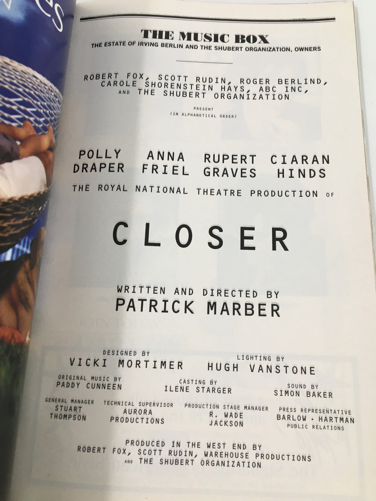 Interior page of the 1999 Playbill The Music Box, listing key cast members including Polly Draper and Anna Friel for the play 'Closer', written and directed by Patrick Marber.